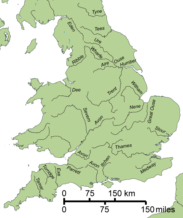 英格蘭 桌布 壁紙 — 英格蘭的綠色地圖，顯示河流和地名，並附有公里和英里的比例尺。