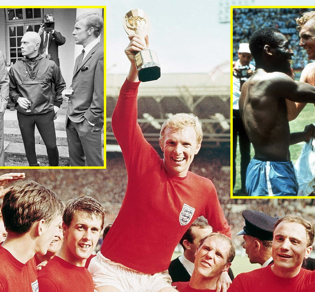 Trophy 桌布 壁紙 — 英格蘭足球隊慶祝1966年世界盃勝利的復古拼貼畫，獎盃高舉，球場歡呼聲中穿插歷史黑白插圖。