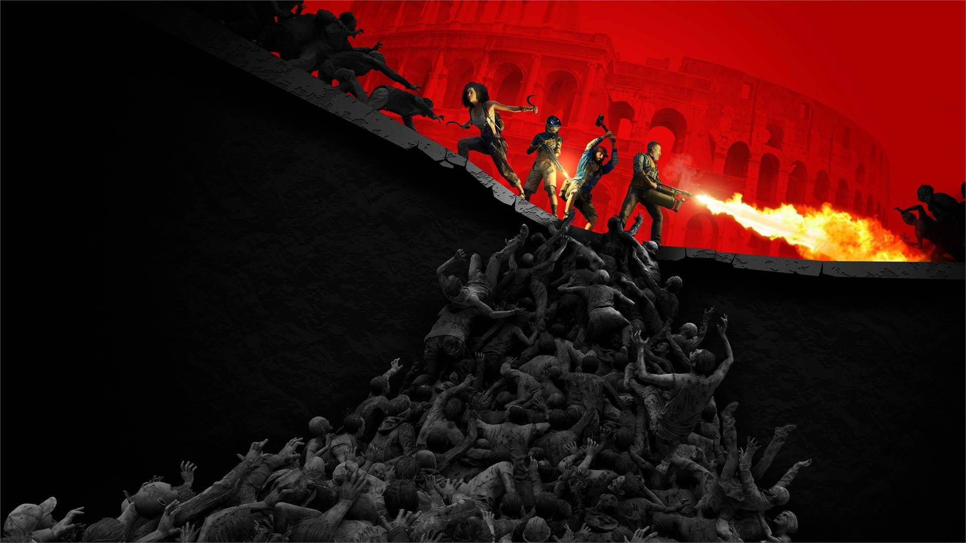 world war z game 桌布 壁紙 — 英雄們在搖搖欲墜的城牆上與巨型泰坦戰鬥，火焰從競技場噴出，天空血紅。