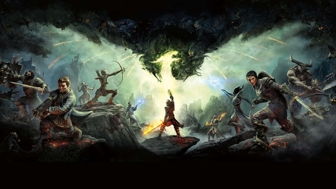 1366x768 Dragon Age Inquisition 桌布 壁紙 — 英雄們在暴風雨的天空下，於廢墟城市上空與巨大的綠色巨龍戰鬥。