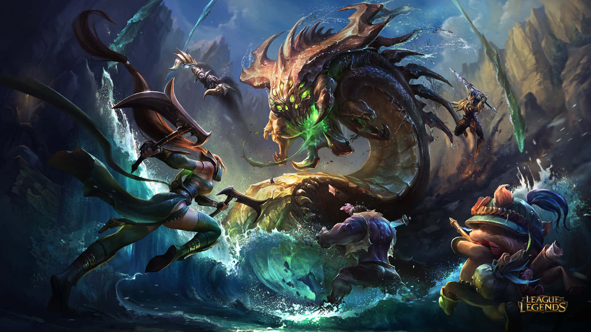 1920x1080 League Of Legends 桌布 壁紙 — 英雄們在波濤洶湧的海浪和崎嶇的懸崖中，在暴風雨的天空下，與巨大的發光綠色巨龍戰鬥。