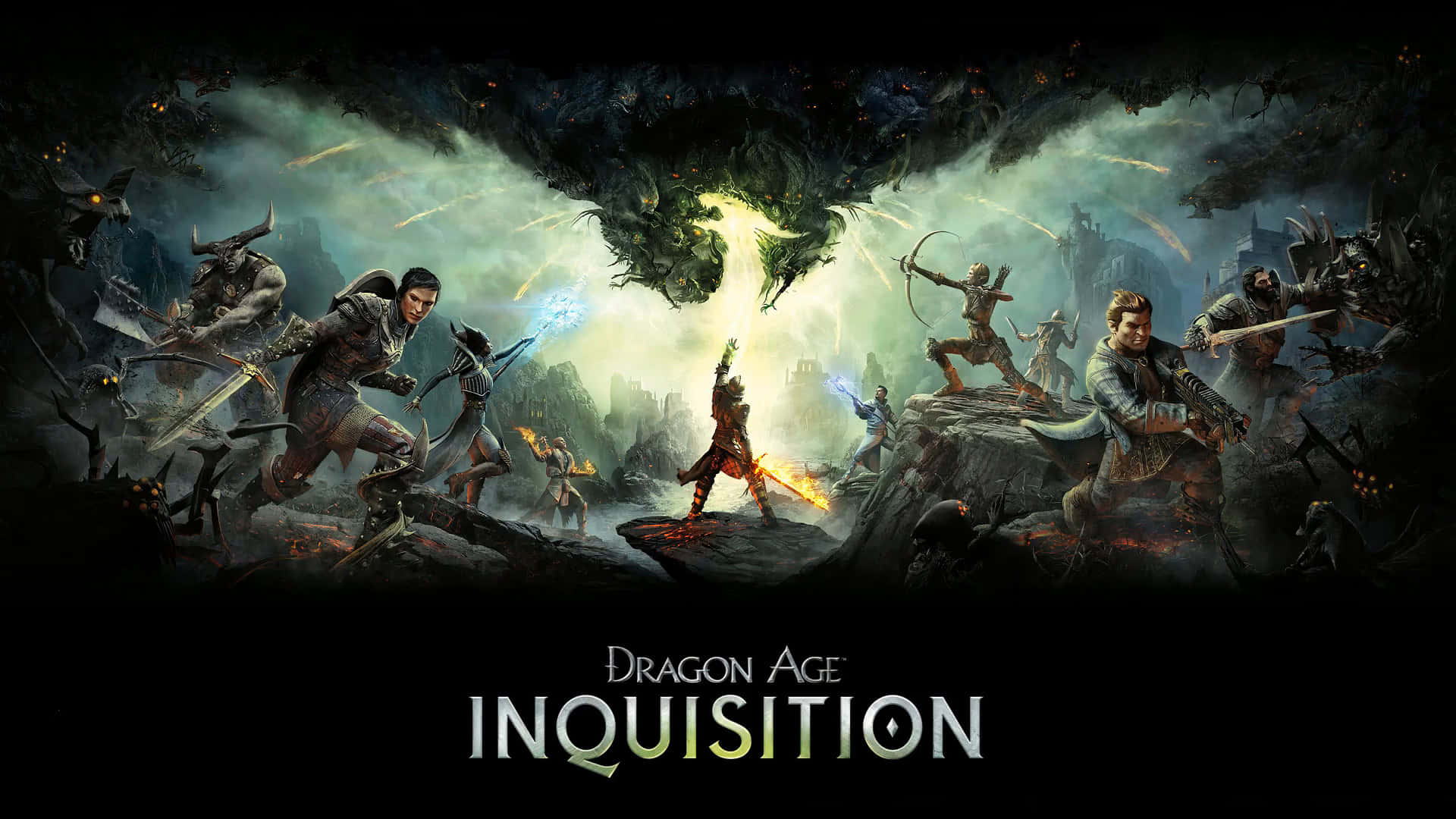 Best Dragon Age Inquisition 桌布 壁紙 — 英雄們在發光的綠色天空下與怪物戰鬥，呈現奇幻遊戲場景。