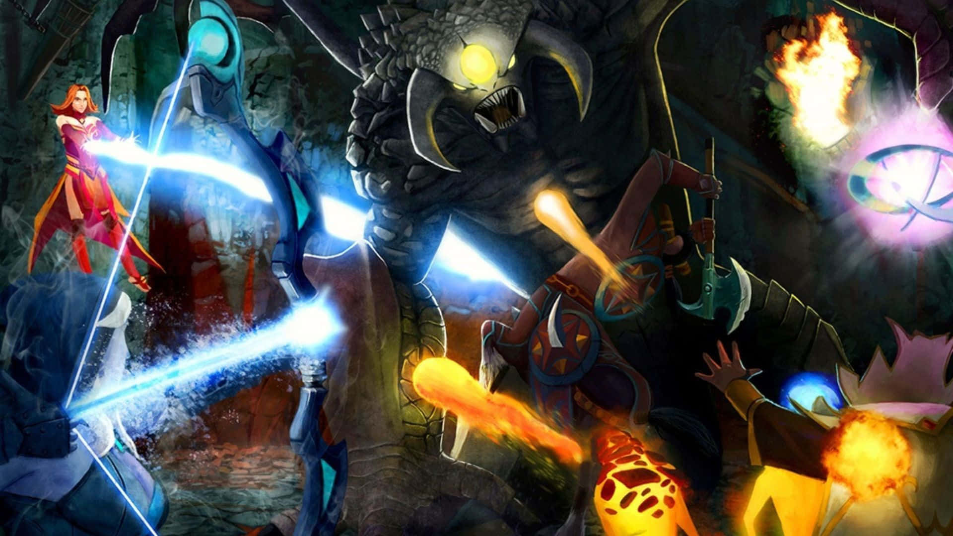 Dota 2 Heroes 桌布 壁紙 — 英雄們在黑暗洞穴般的競技場中，對巨大的怪物首領釋放發光的魔法和火焰爆炸。