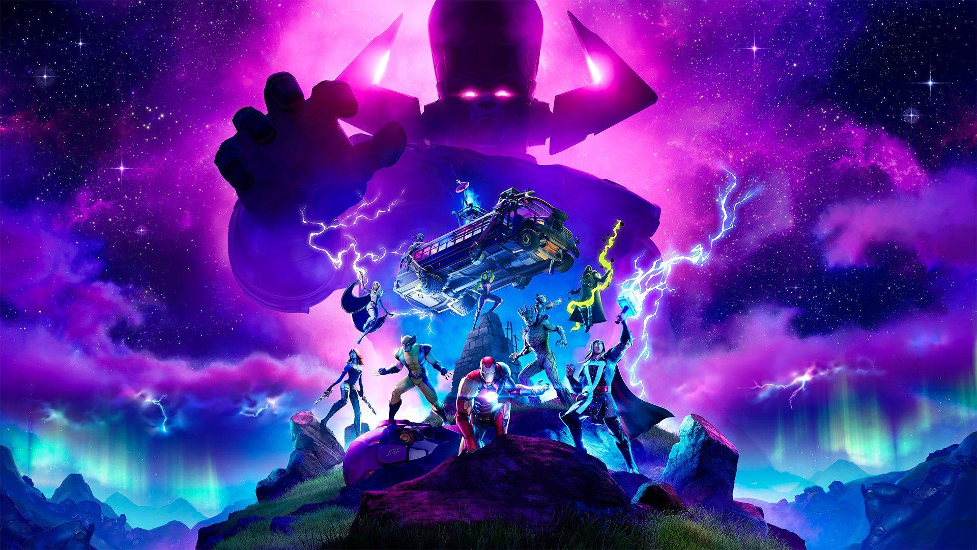 Fortnite Chapter 2 Season 6 桌布 壁紙 — 英雄們站在山頂上挑釁地站立，一隻巨大的宇宙之手在充滿活力的紫色和藍色極光中籠罩著他們。