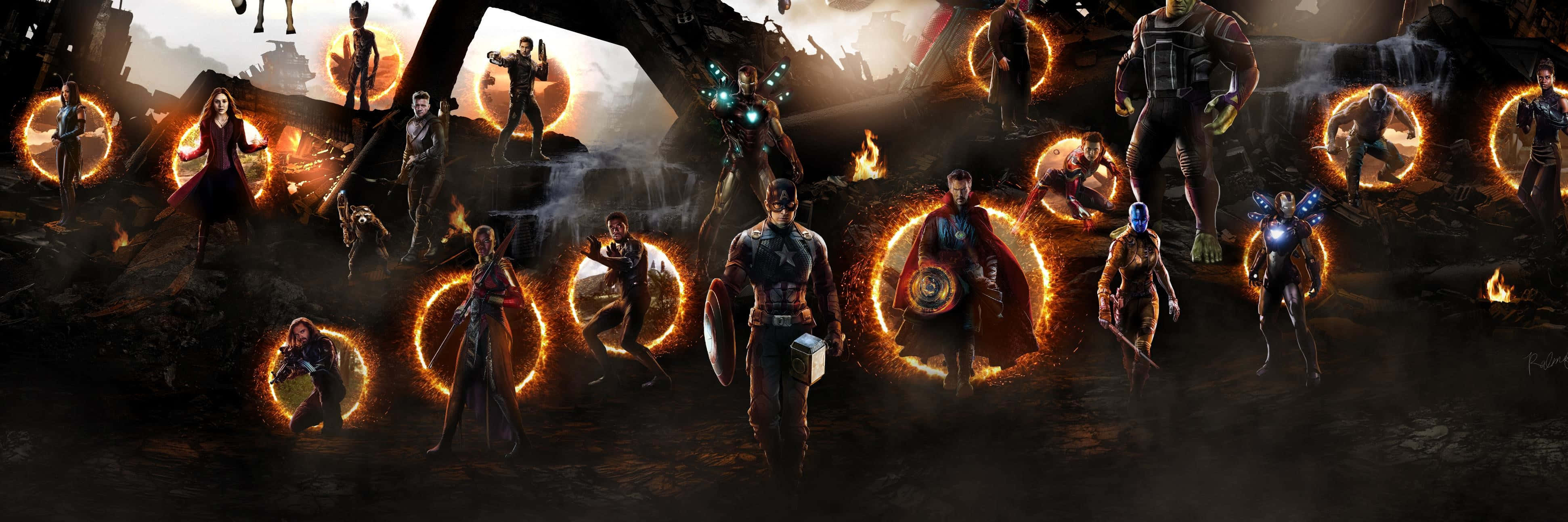 Avengers Dual Screen 桌布 壁紙 — 英雄們站在熾熱發光的圓圈中，身處黑暗廢墟的戰場，天空戲劇性十足。