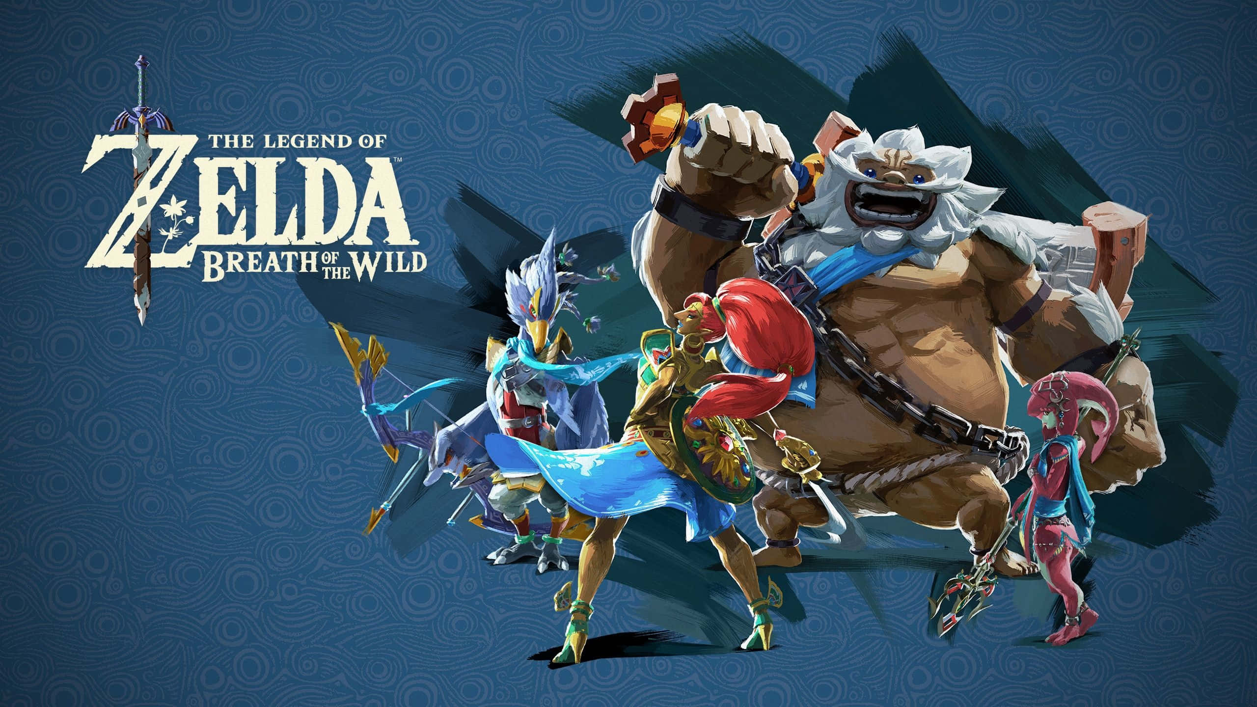 Breath Of The Wild 桌布 壁紙 — 英雄林克與盟友在動態的薩爾達遊戲宣傳藝術作品中與巨人戰鬥。