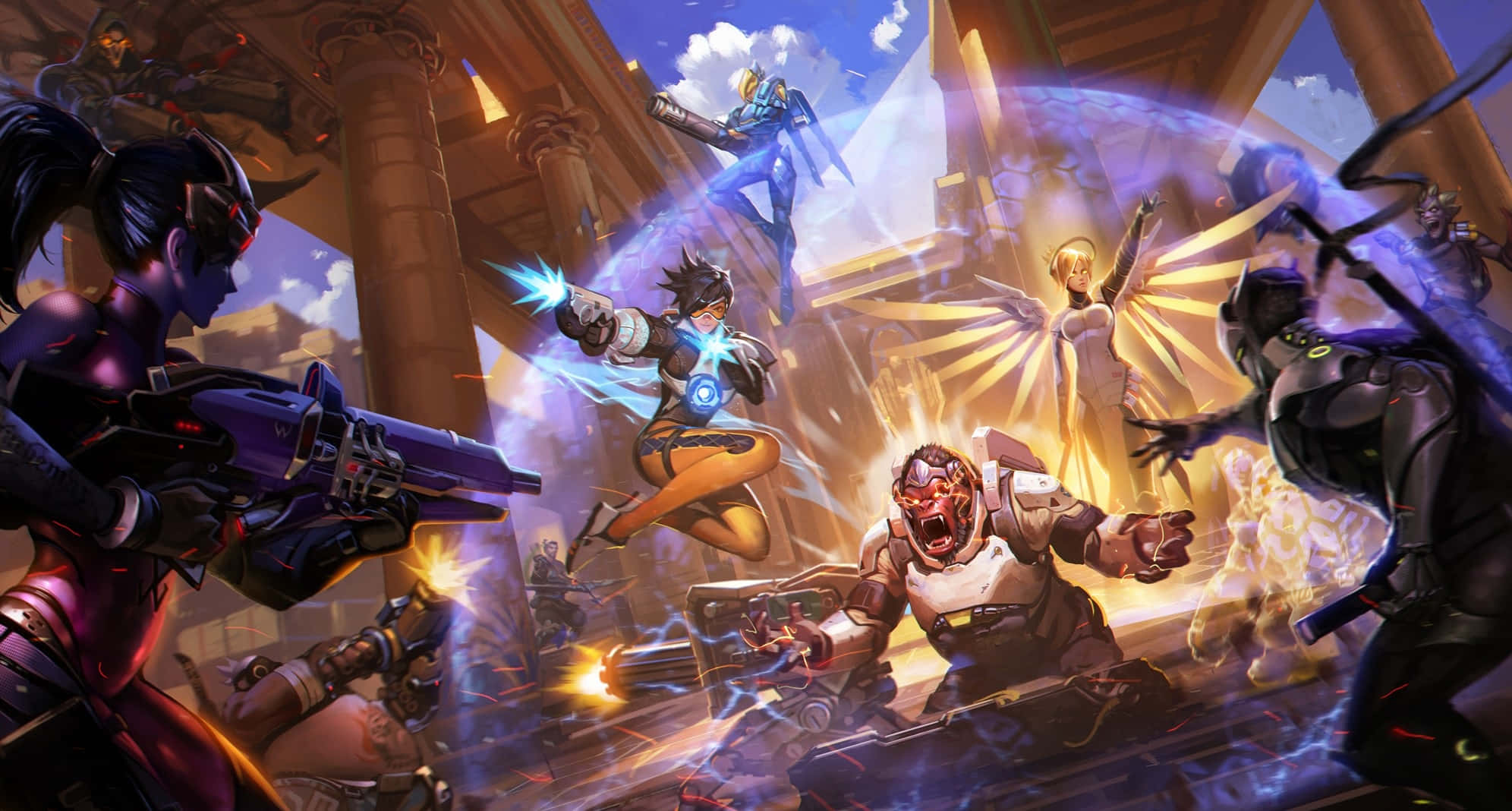 Overwatch Roadhog 桌布 壁紙 — 英雄與反派在陽光照耀的古老神廟中激烈交戰，伴隨著發光的能量效果。