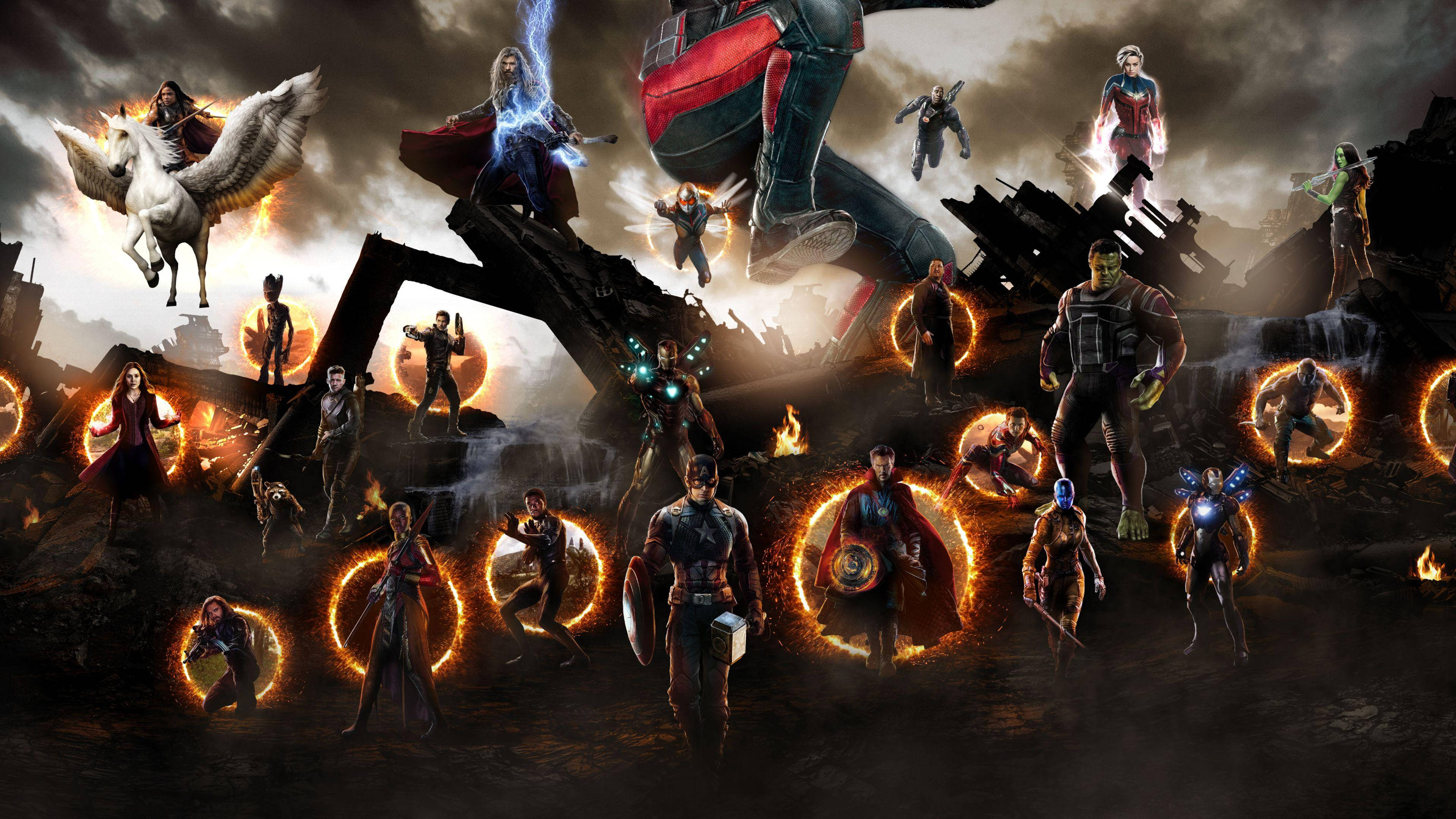 Assemble 桌布 壁紙 — 英雄與反派站在廢墟中，發光的環和熾熱的能量映襯著暴風雨的天空。
