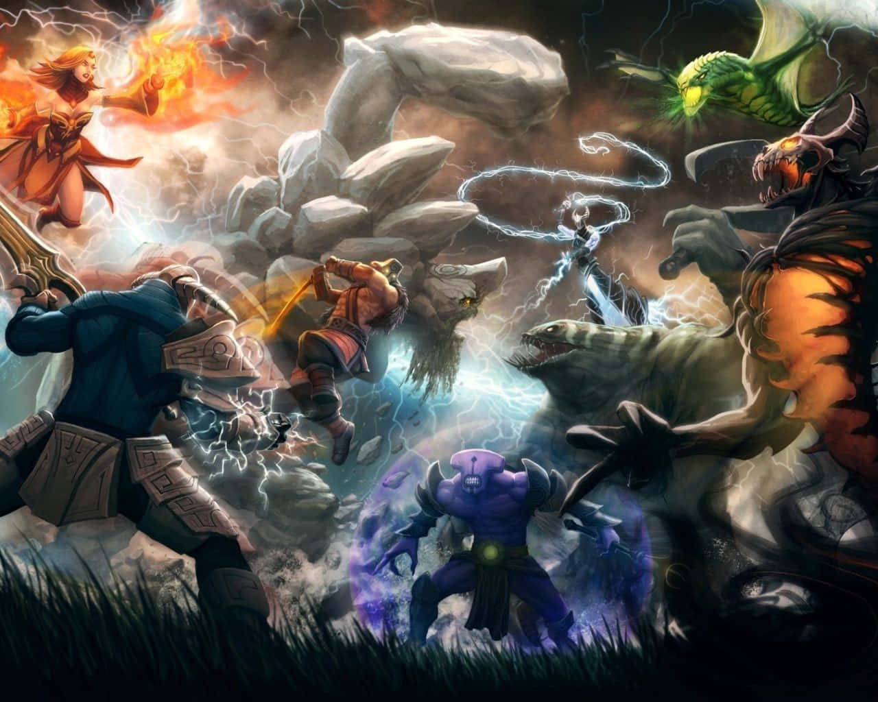 Dota 2 Juggernaut 桌布 壁紙 — 英雄與怪物在混亂的奇幻戰鬥中碰撞，伴隨著閃電魔法和巨大的石頭生物。