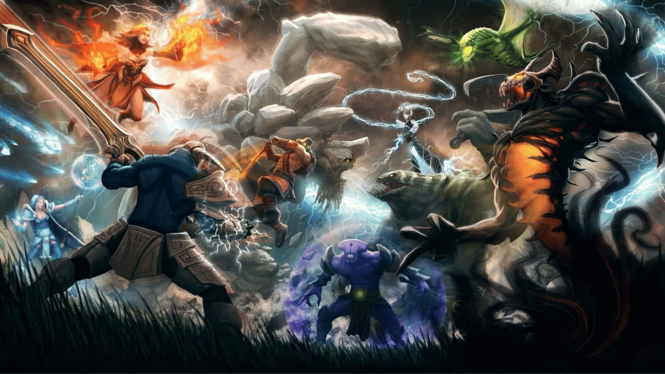 1366x768 Dota 2 桌布 壁紙 — 英雄與怪物在混亂的奇幻戰鬥中碰撞，閃電、火焰和魔法在他們周圍旋轉。