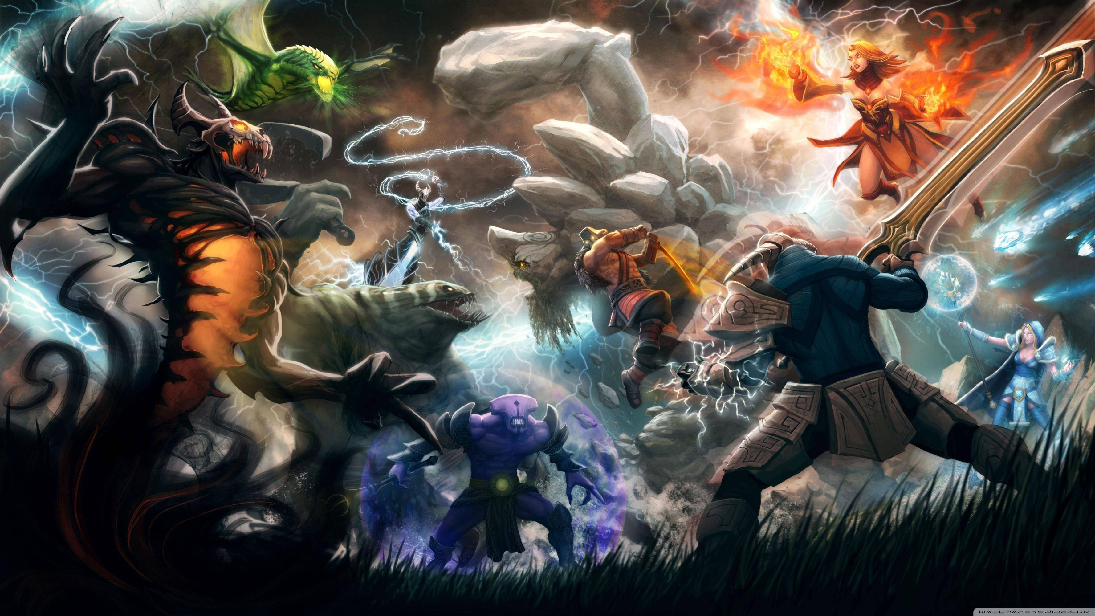 dota 2 4K 桌布 壁紙 — 英雄與怪物在混亂的奇幻戰鬥中碰撞，伴隨著閃電、火焰和魔法能量。