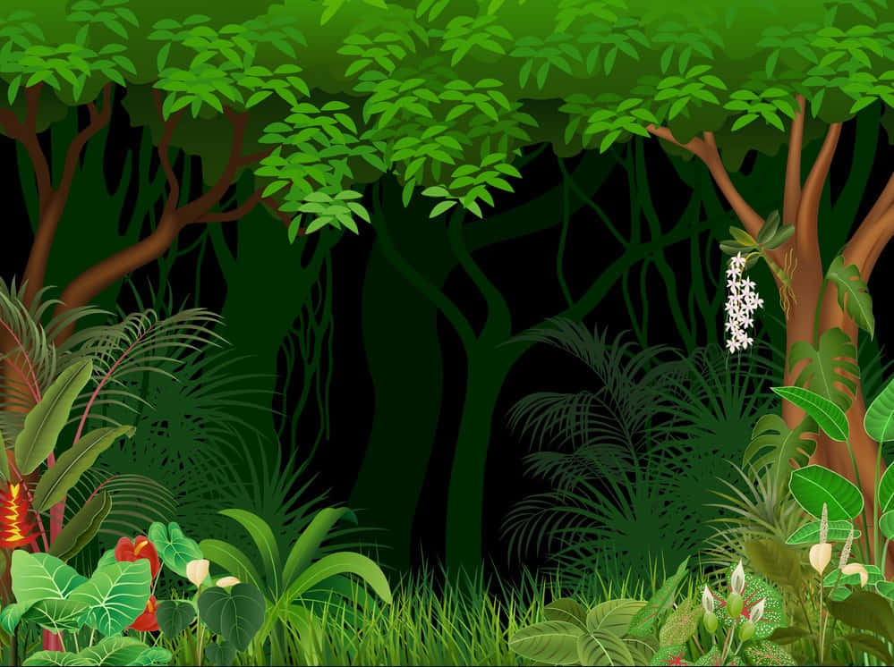 Animated Forest 桌布 壁紙 — 茂密的熱帶叢林，擁有濃密的綠色樹葉、鮮豔的花朵以及透過高聳樹木過濾的斑駁陽光。