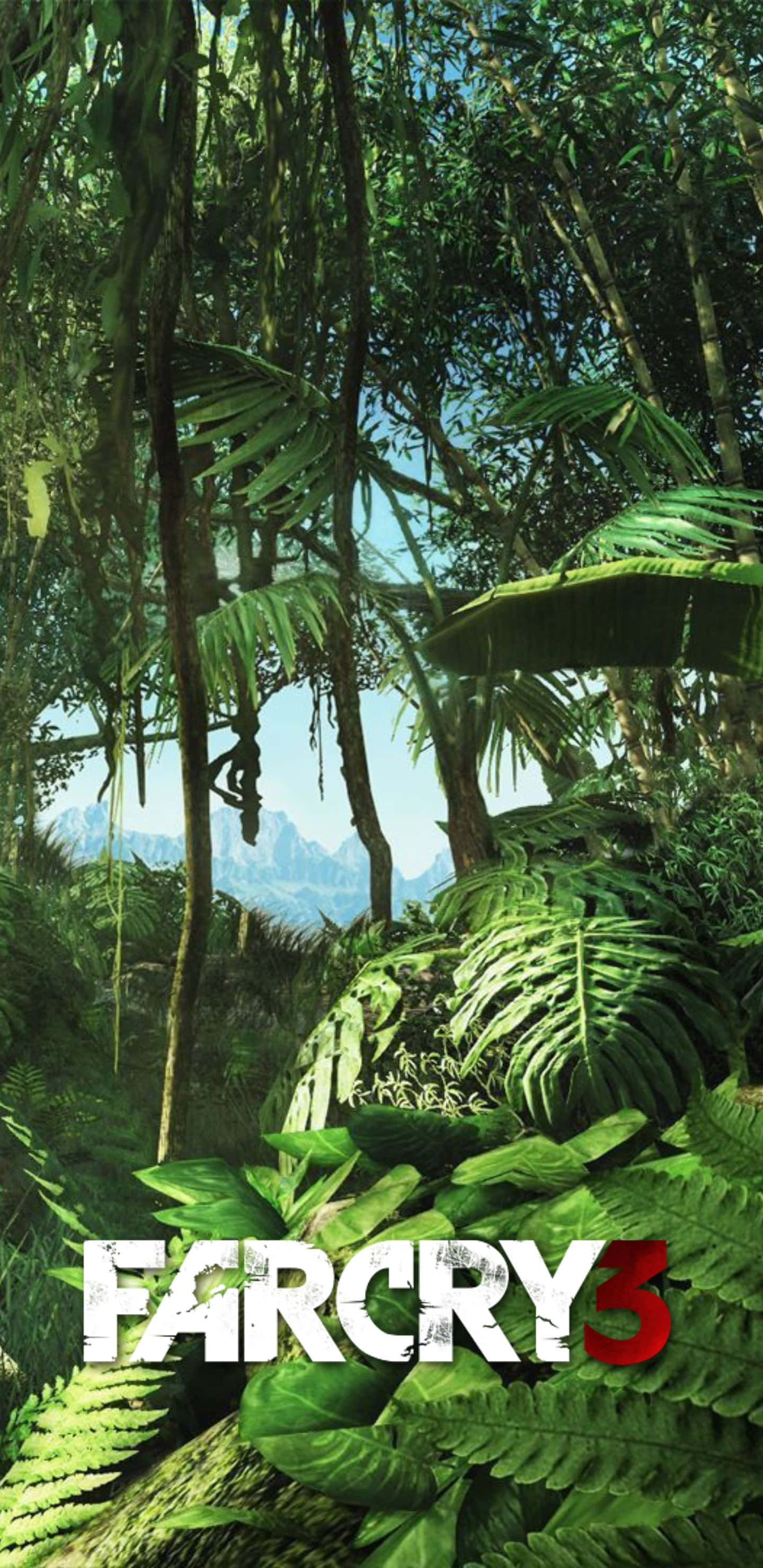 Pixel 3xl Far Cry 3 桌布 壁紙 — 茂密的熱帶叢林樹冠，蕨類和藤蔓環繞著遠處白雪覆蓋的山脈，在明亮的日光下。