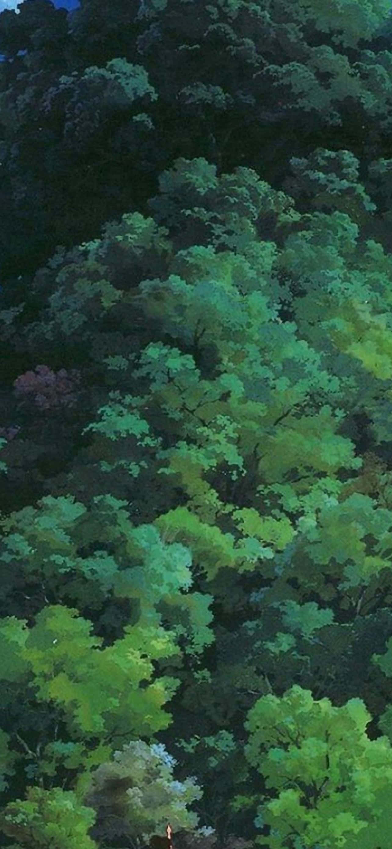 Aesthetic Ghibli 桌布 壁紙 — 茂密的翠綠樹冠在漸暗的天空下向上延伸，森林地面有一盞發光的燈籠。