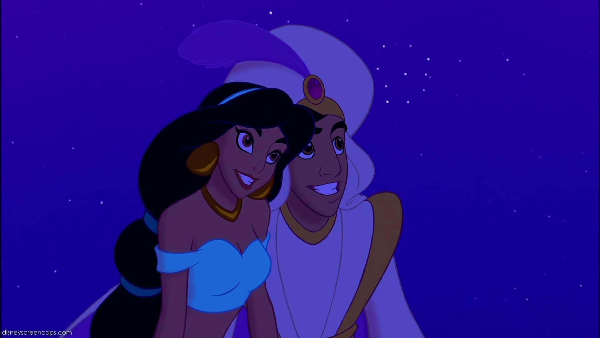 Aesthetic Disney Laptop 桌布 壁紙 — 茉莉公主與阿拉丁在繁星點點的夜空下分享溫馨時刻，經典迪士尼動畫場景。