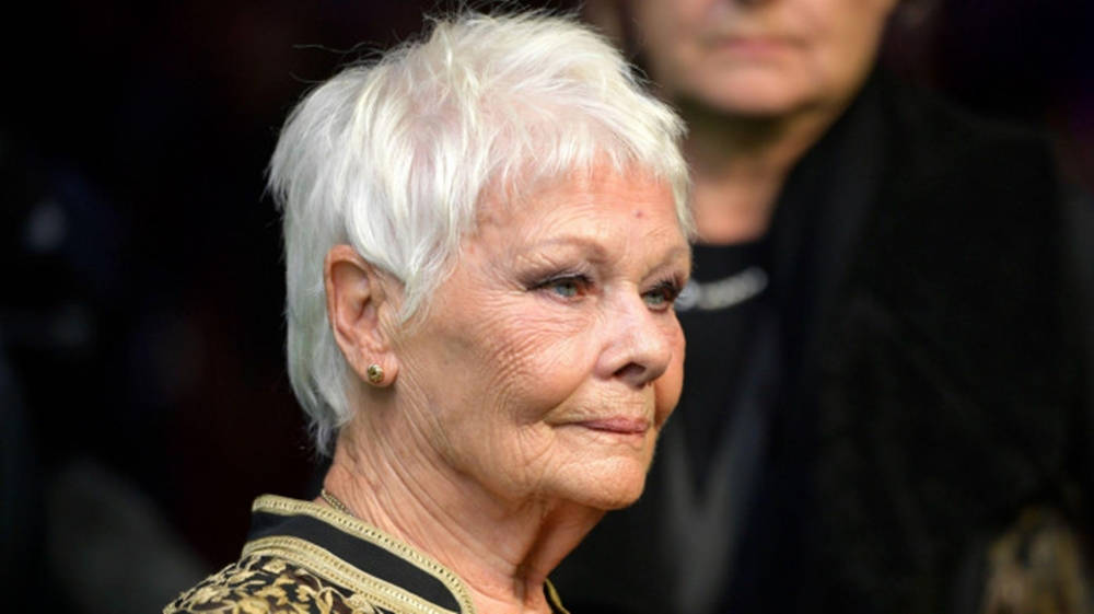 Judi Dench 桌布 壁紙 — 茱蒂丹契女爵士的近距離肖像，白髮，溫柔微笑，身穿圖案上衣。