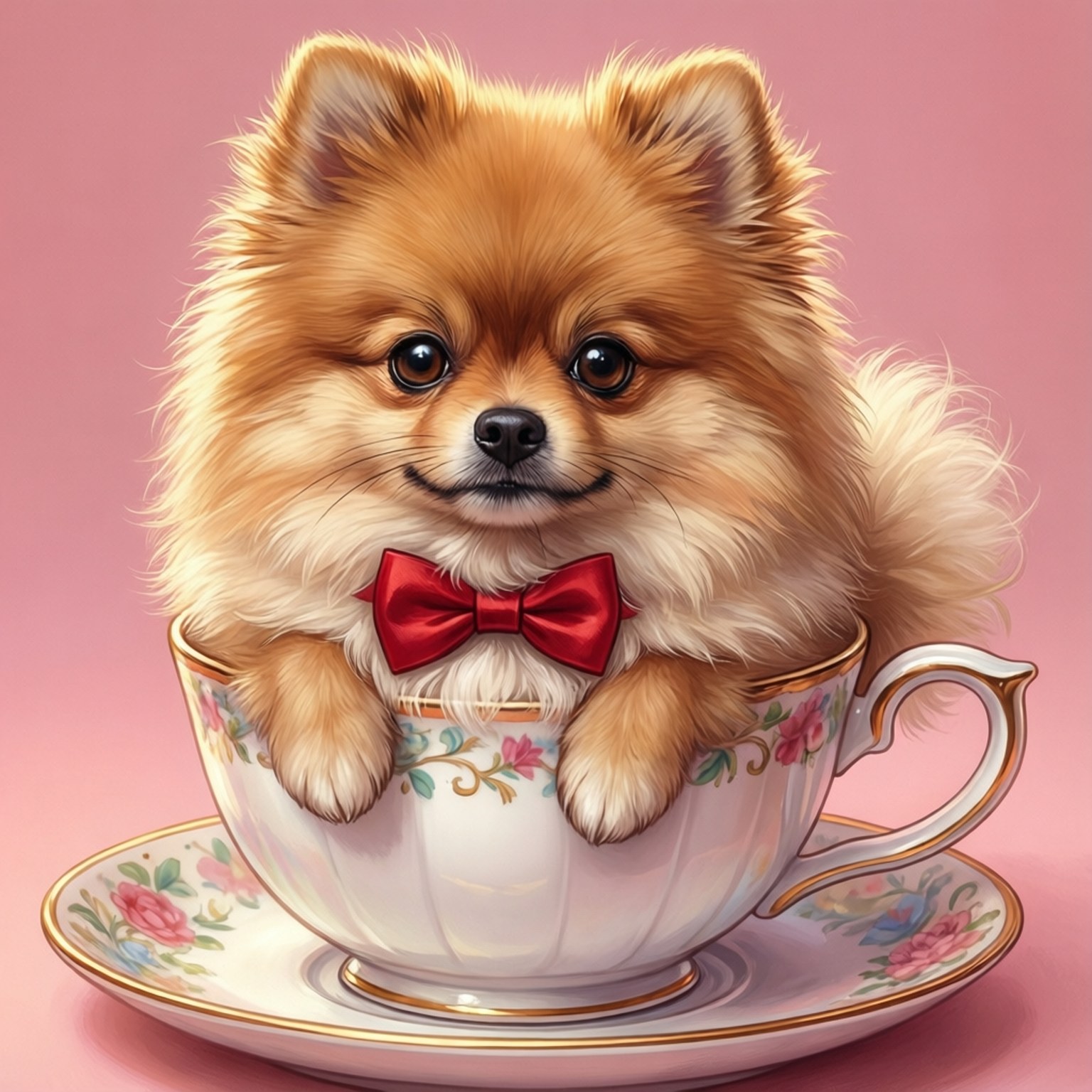 茶杯博美 壁紙 — 一隻毛茸茸的博美犬幼犬戴著紅色蝴蝶結，可愛地坐在一個花卉圖案的茶杯裡，放在相配的茶托上，背景是柔和的粉紅色。