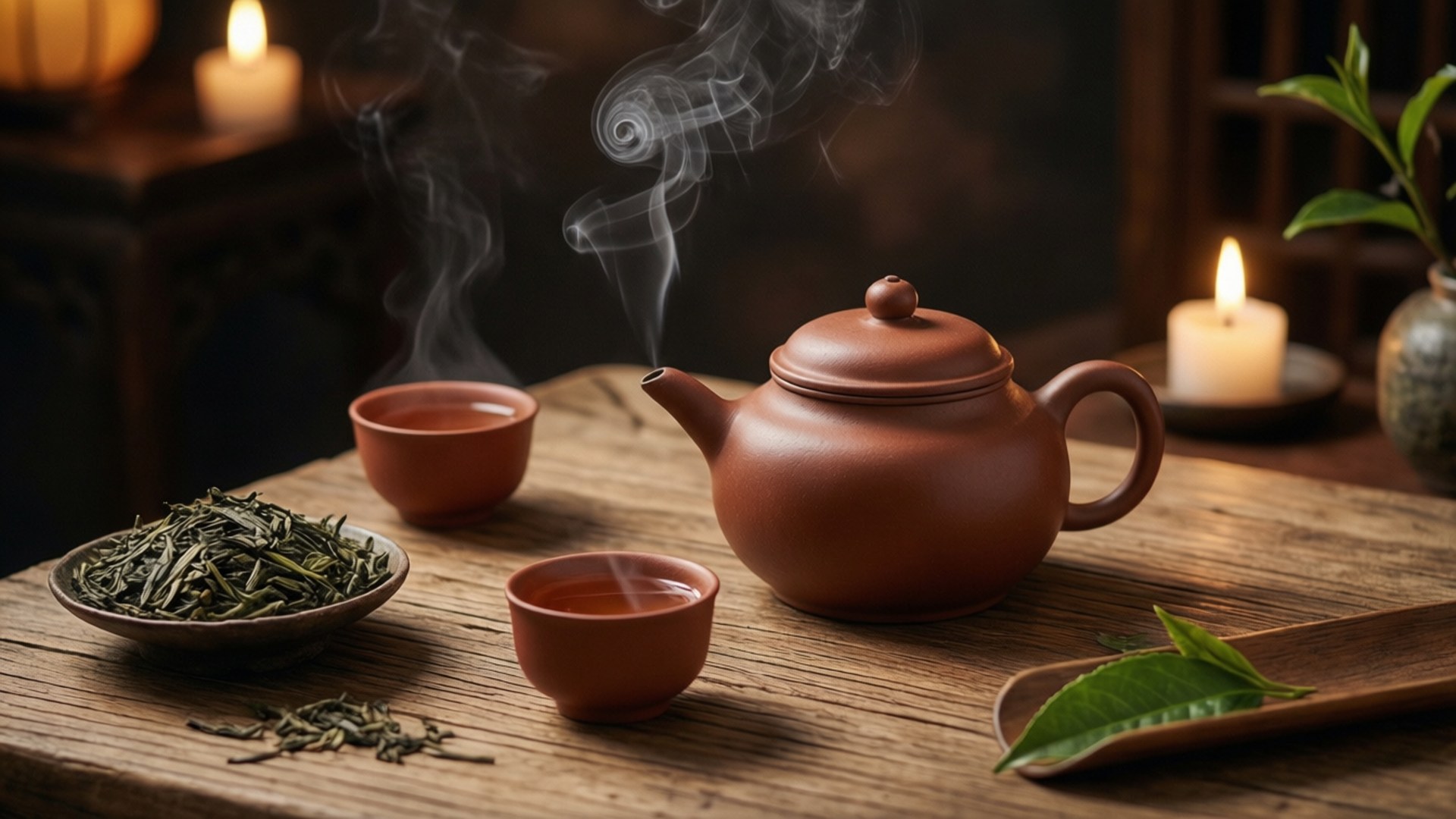 茶道靜心 壁紙 — 一個冒煙的陶製茶壺和茶杯放在質樸的木桌上，旁邊有燃燒的蠟燭和新鮮茶葉。