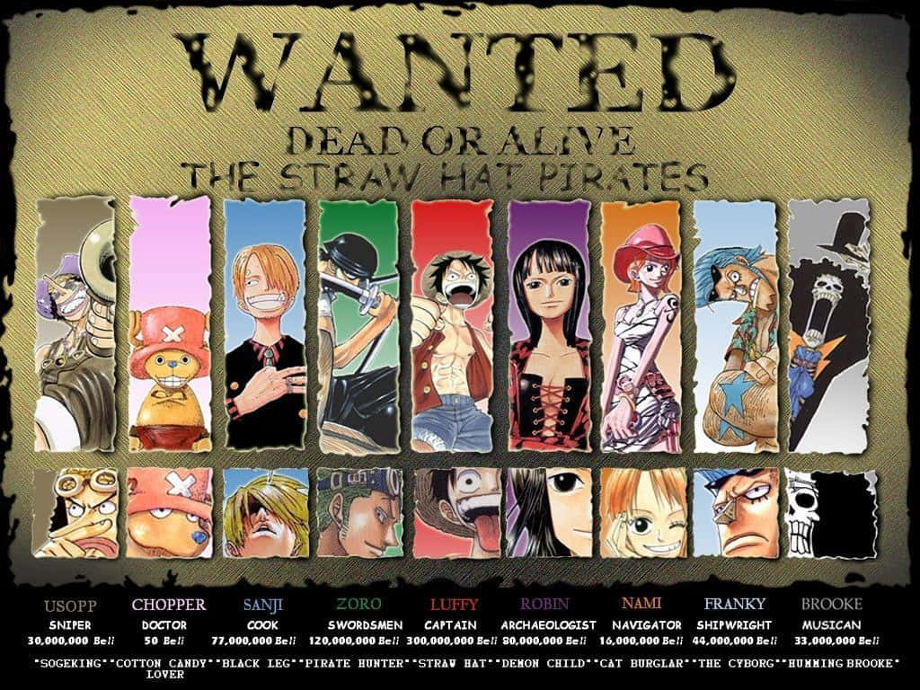 wanted 桌布 壁紙 — 草帽海賊團的通緝令海報，包含船員姓名和懸賞金額。