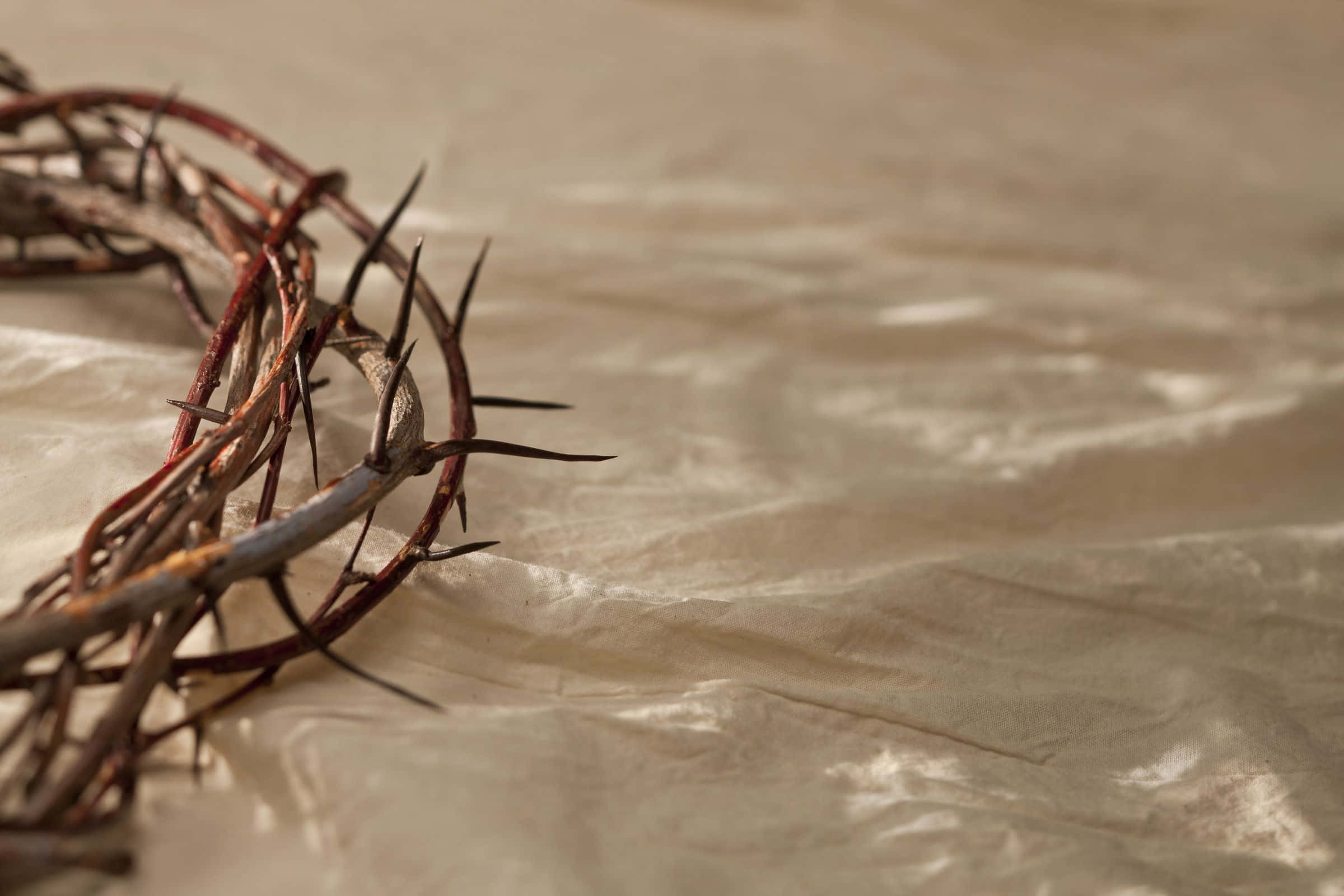 Religious Easter 桌布 壁紙 — 荊棘冠冕放在柔軟自然光下的皺褶米色布料上。