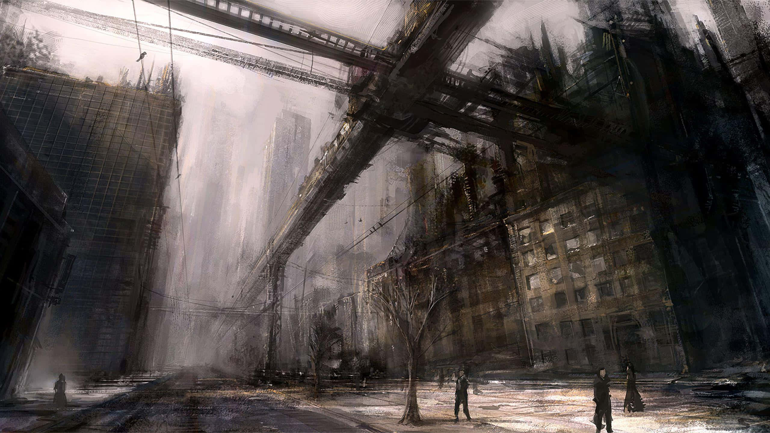 Dark Dystopian 桌布 壁紙 — 荒涼的城市峽谷，高聳的破舊建築物和孤獨的人影在巨大的架空結構下行走。