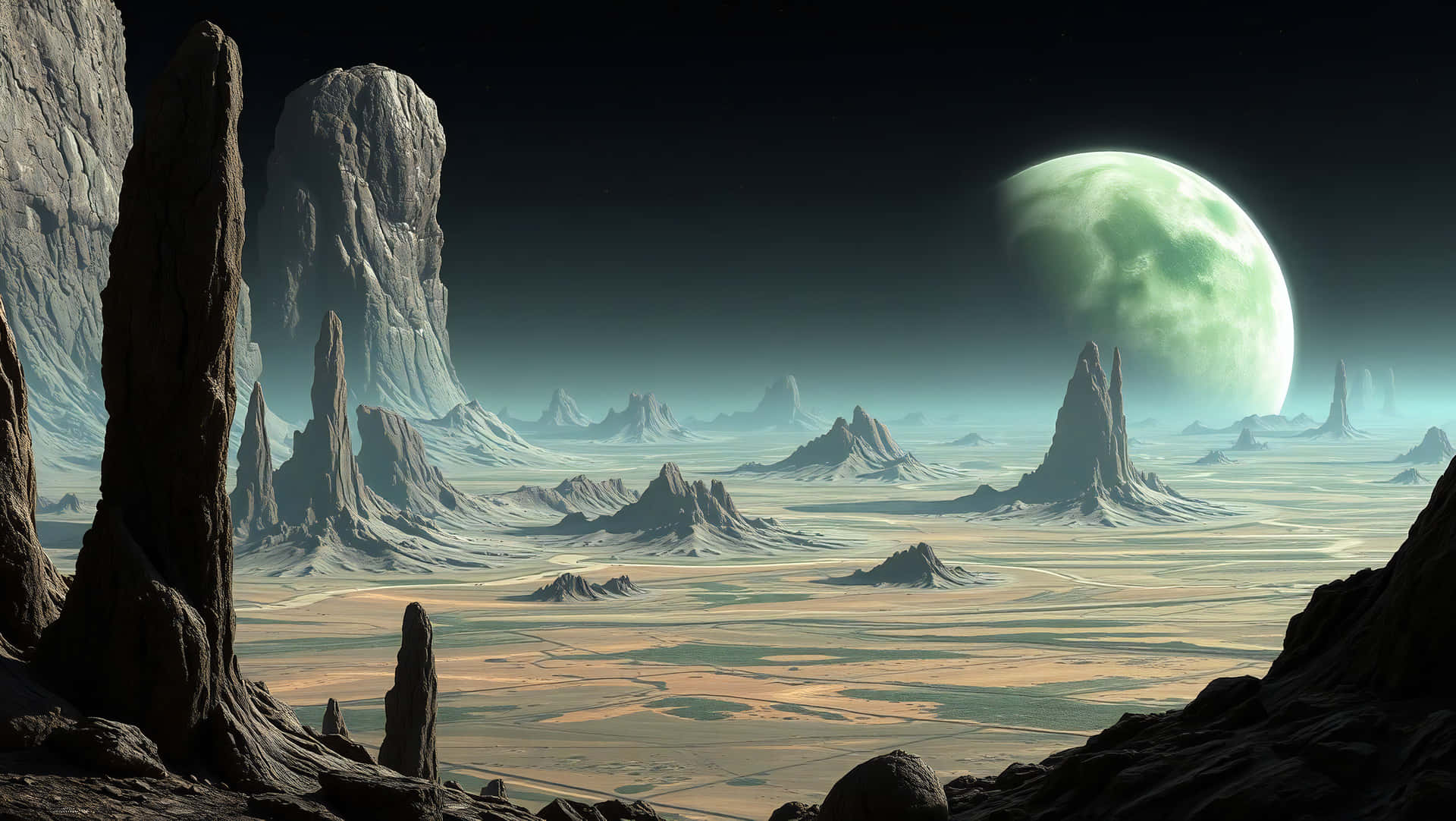 another planet 壁紙 — 荒涼的外星景觀，高聳的岩石尖塔在巨大的綠色發光月亮下。