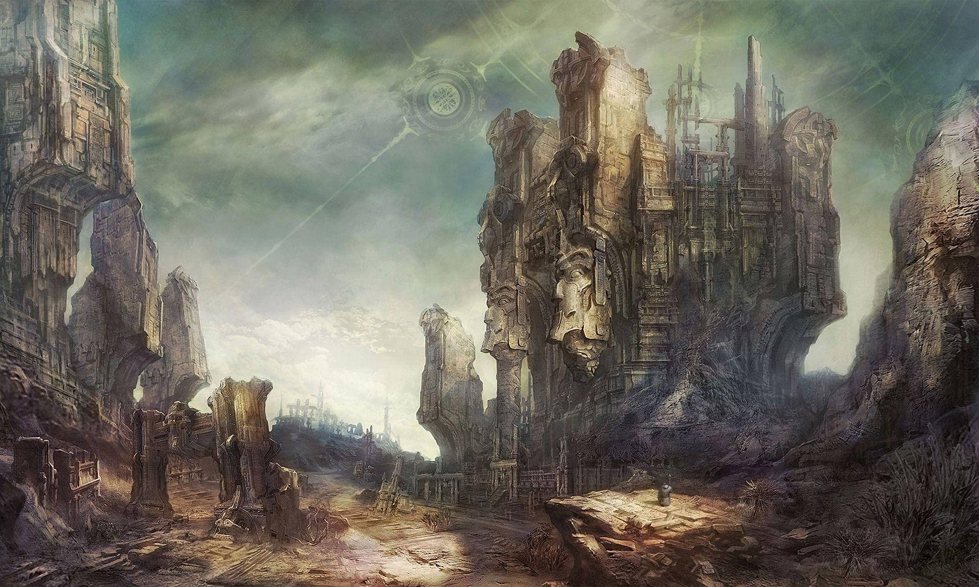電玩遊戲 桌布 壁紙 — 荒涼的奇幻廢墟，在暴風雨的綠色天空下，高聳的破碎石結構。
