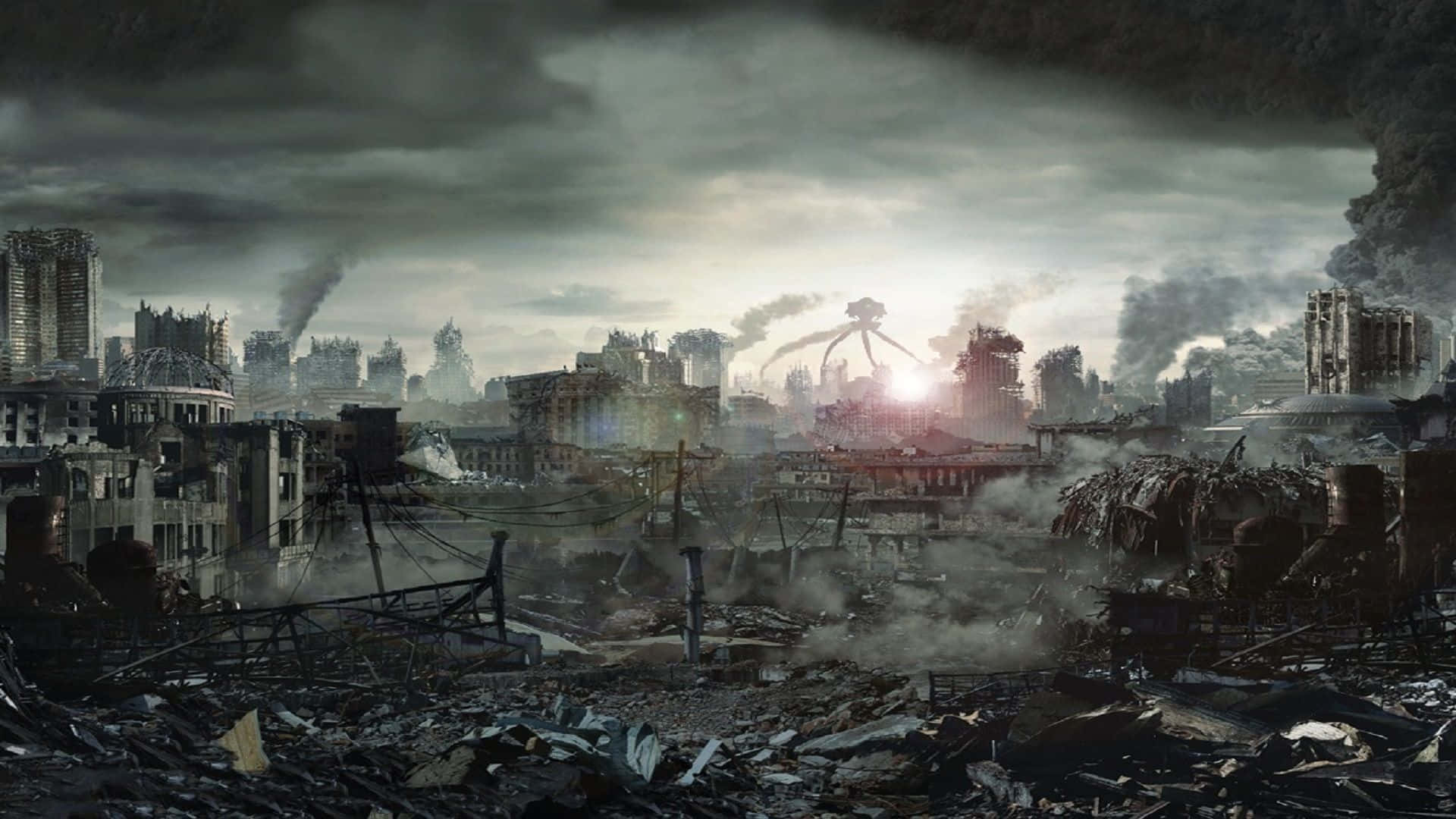 Apocalypse 桌布 壁紙 — 荒涼的後末日城市景觀，廢墟中的摩天大樓，陰沉多雲的天空下瓦礫中升起煙霧。
