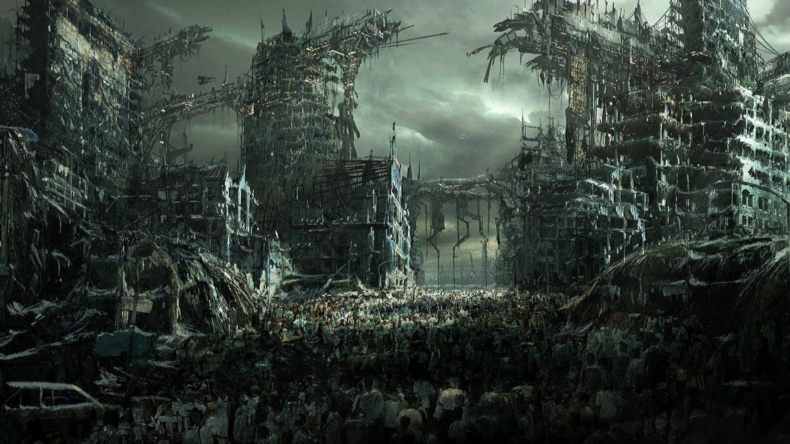 world war z 4K 桌布 壁紙 — 荒涼的後末日城市景觀，搖搖欲墜的摩天大樓和陰沉天空下的人群。