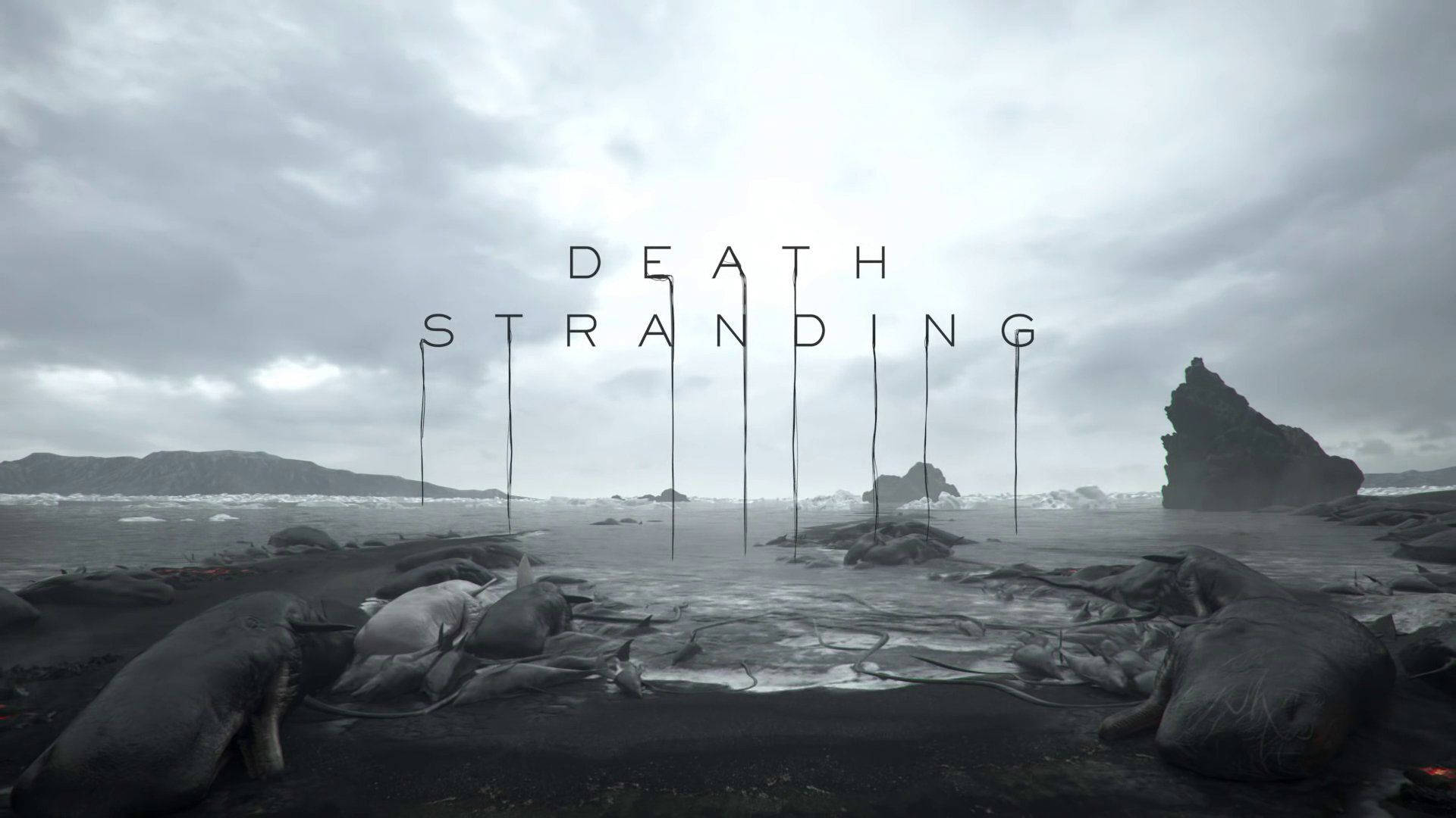 暴風雨海灘上擱淺的鯨魚，標題 Death Stranding 懸浮在上方。 — 死亡擱淺 GIF 壁紙