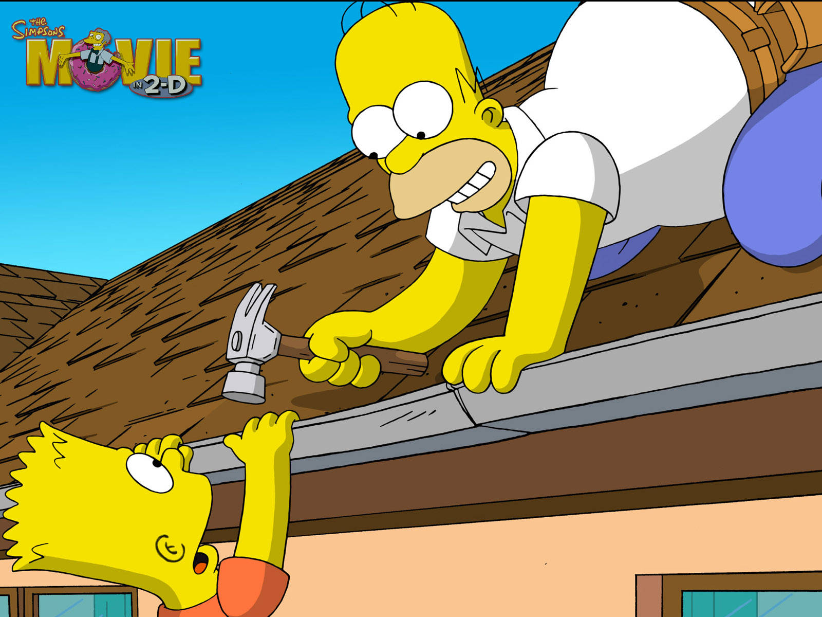 homer 桌布 壁紙 — 荷馬·辛普森一邊錘打屋頂一邊咧嘴笑，巴特從下方仰望明亮的藍天。