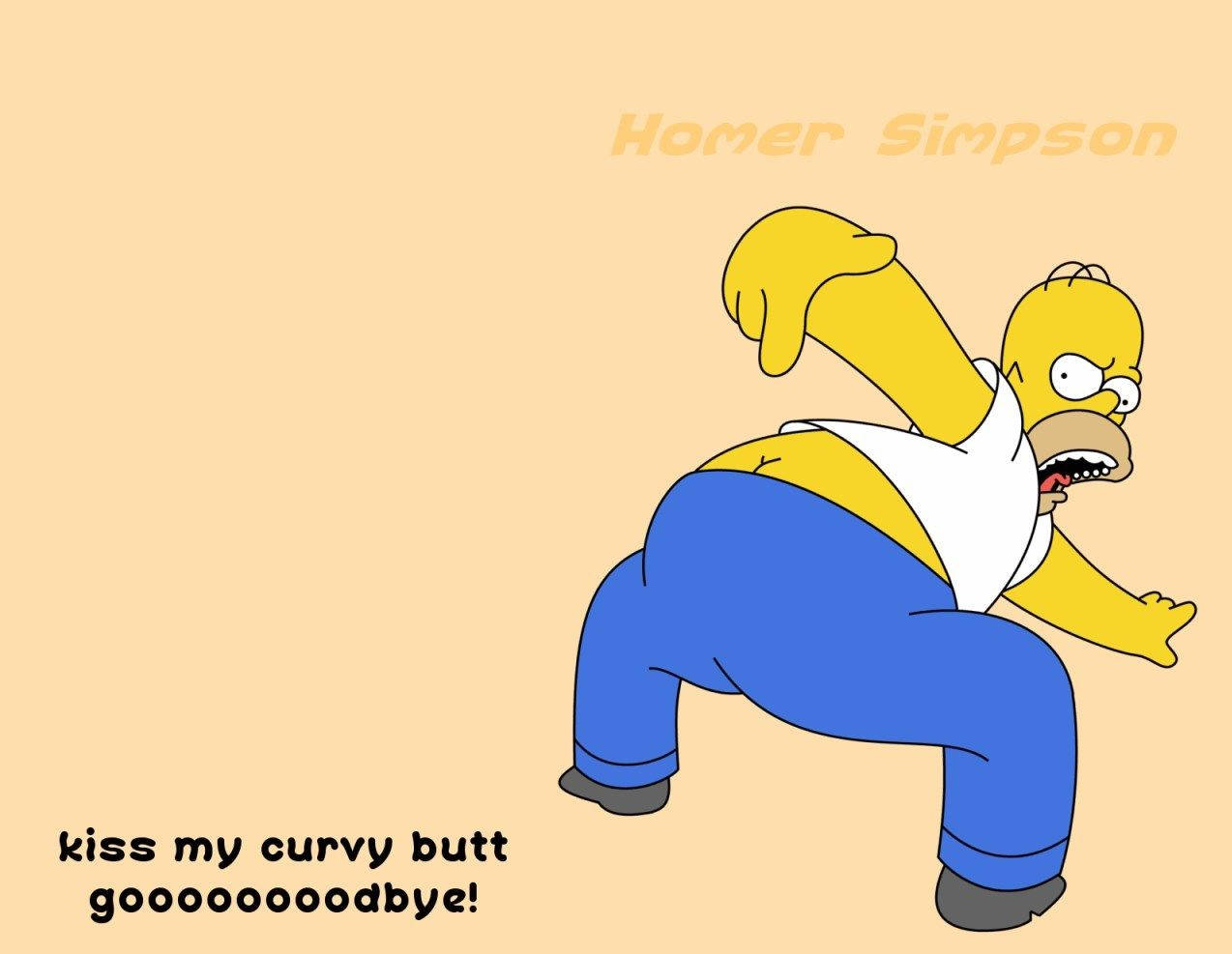 Homer Simpson Funny 桌布 壁紙 — 荷馬·辛普森以卡通風格擺出挑釁姿勢，下方有文字，背景為純米色。