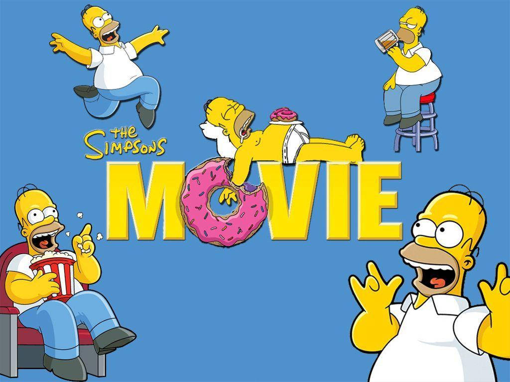 Homer Simpson 桌布 壁紙 — 荷馬·辛普森以多個卡通姿勢圍繞電影標題，一個巨大的粉紅色甜甜圈取代了字母O。