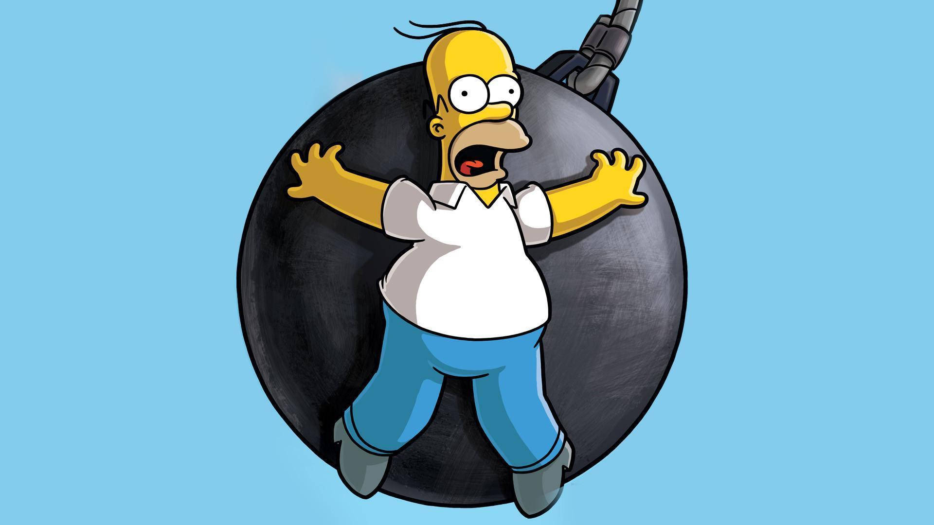 Homer Simpson 桌布 壁紙 — 荷馬·辛普森卡通化地被困在一個大型黑色炸彈內，炸彈的引信已點燃，背景為純藍色。