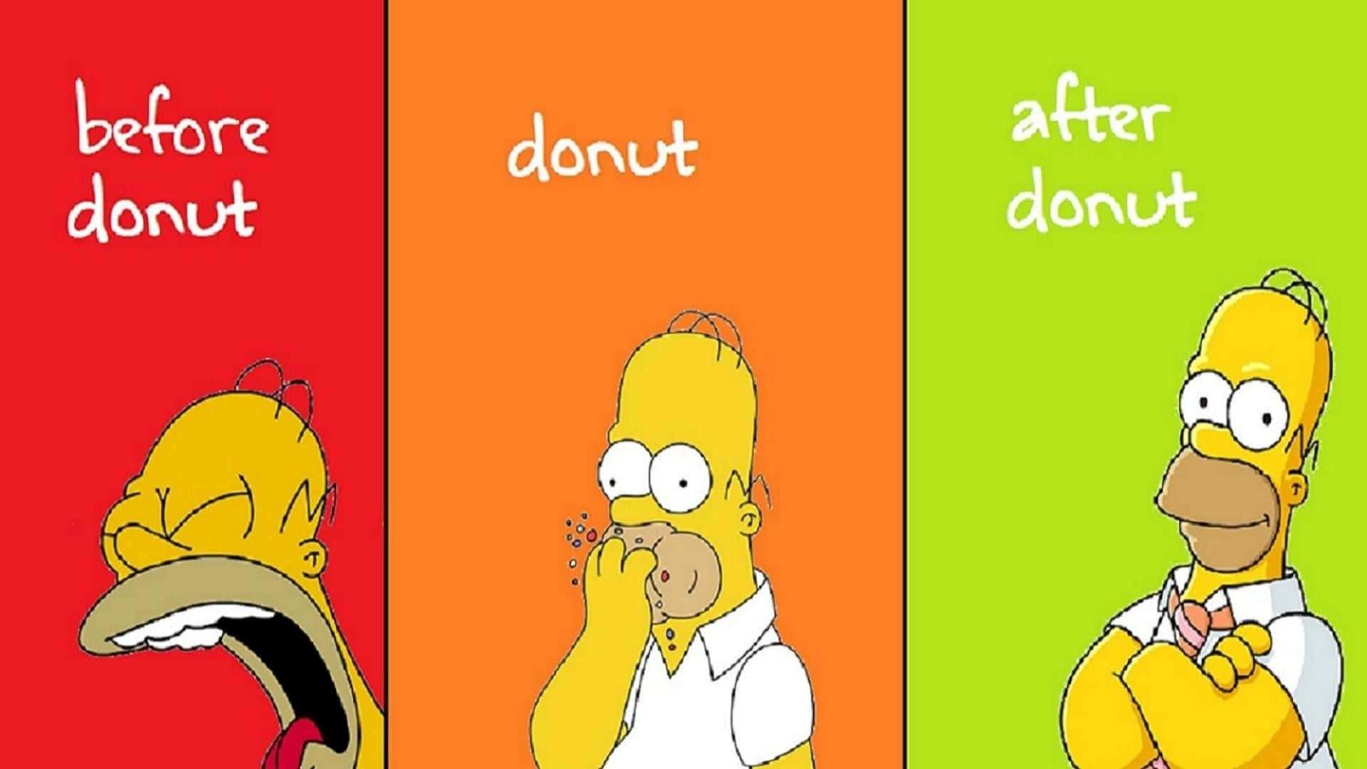 Funny Simpsons 桌布 壁紙 — 荷馬·辛普森吃完甜甜圈後從飢餓變為滿足，以三個彩色面板展示。
