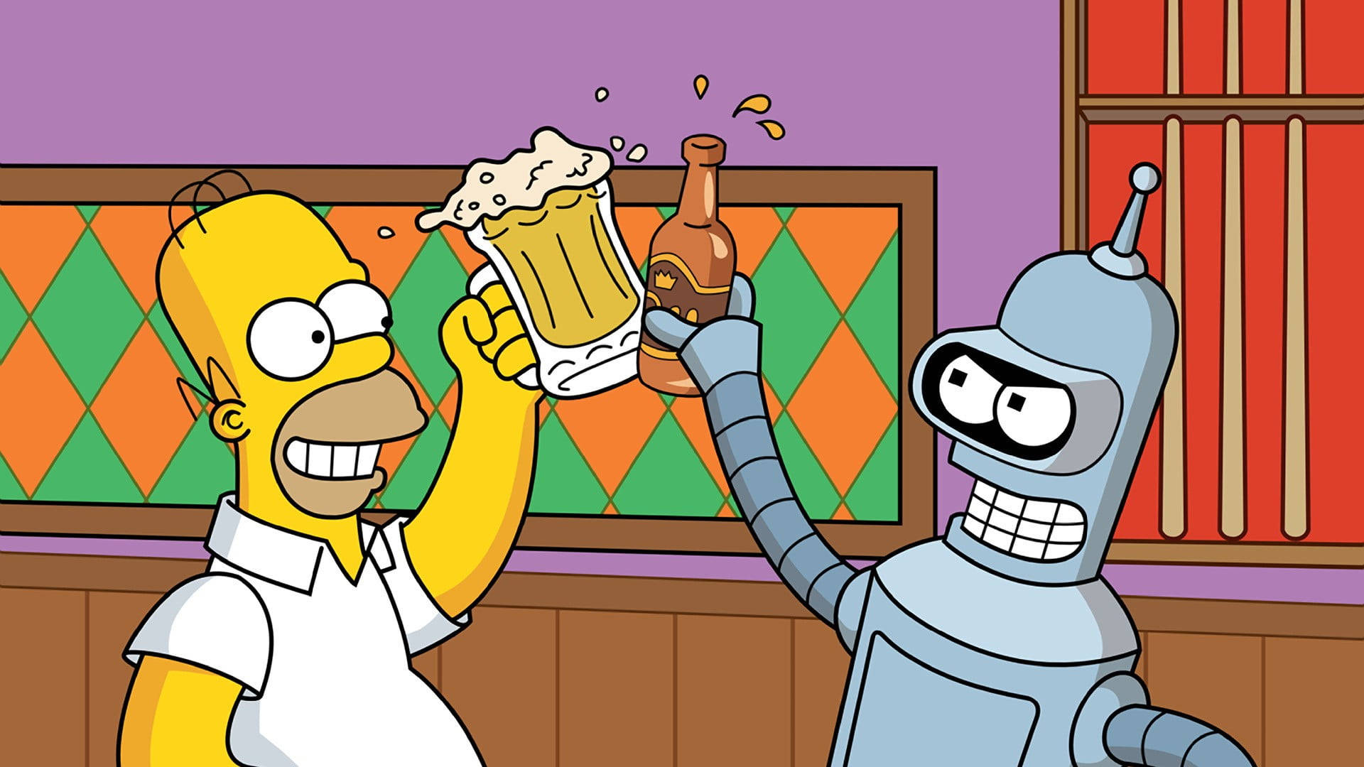 homer 桌布 壁紙 — 荷馬·辛普森和班德在卡通酒吧中碰啤酒杯，牆上有彩色鑽石圖案。
