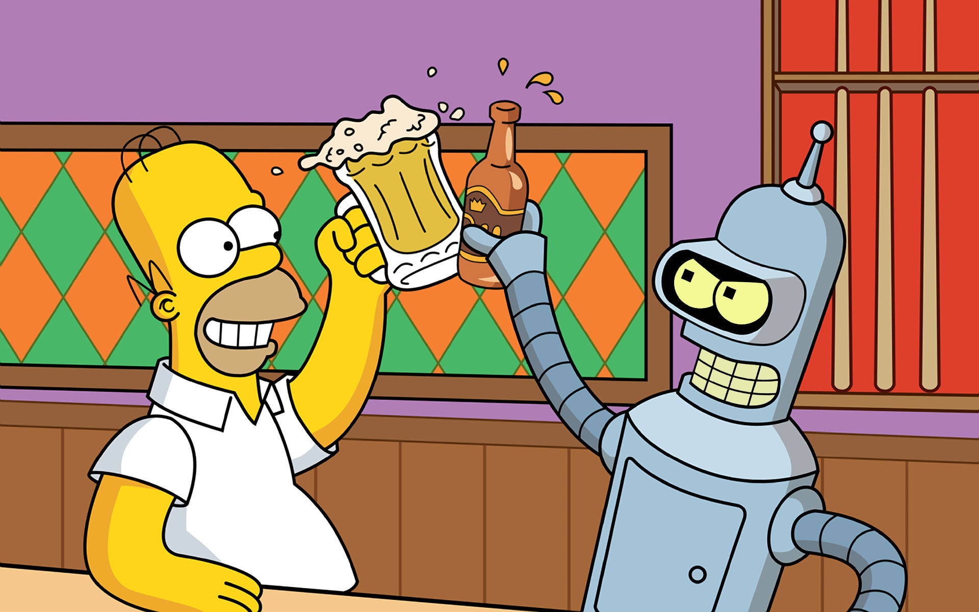 Futurama 桌布 壁紙 — 荷馬·辛普森和班德在色彩繽紛的酒吧裡用啤酒乾杯，牆上有菱形圖案的瓷磚。