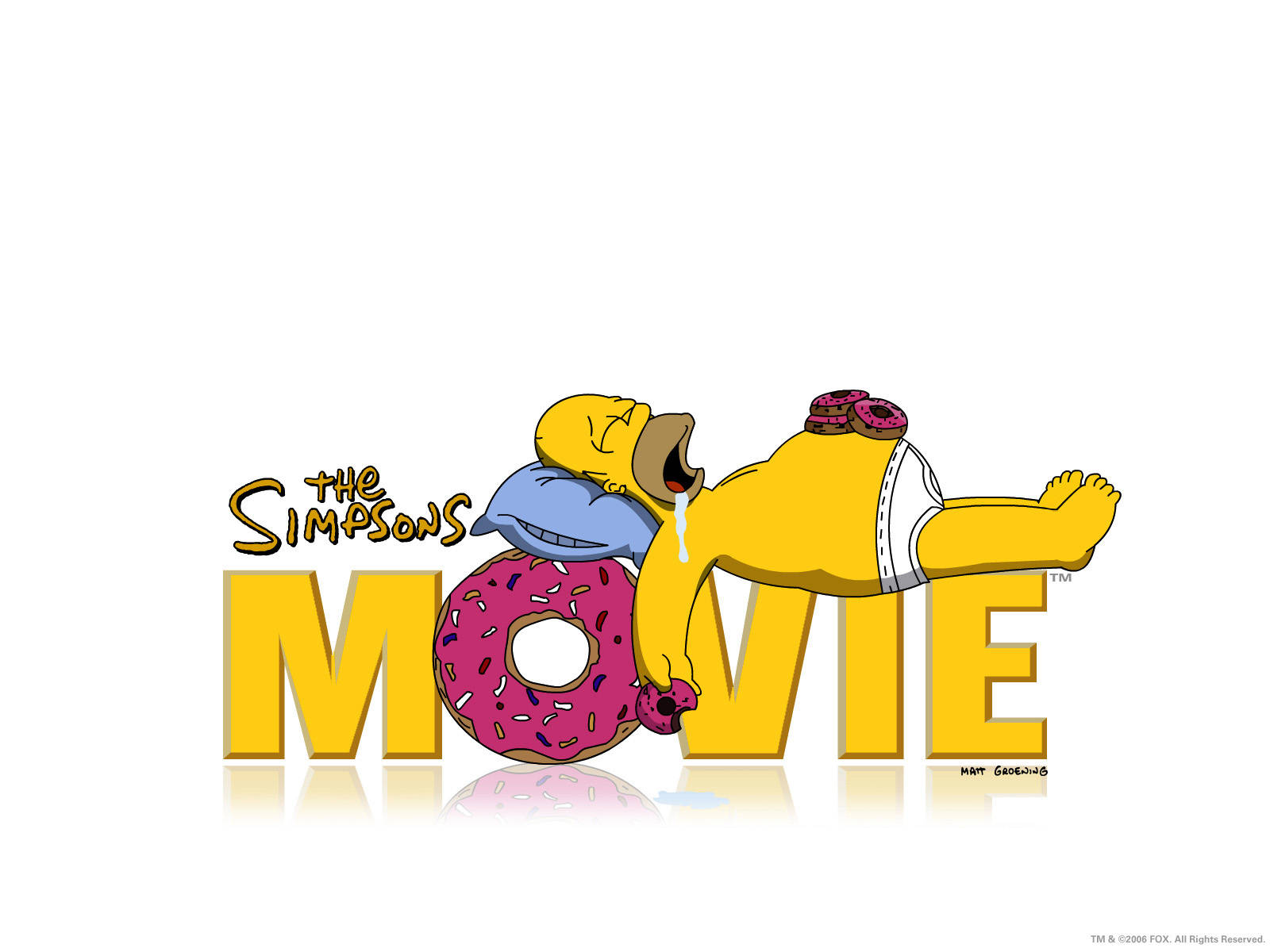 Homer Simpson 桌布 壁紙 — 荷馬·辛普森在一個巨大的粉紅色糖霜甜甜圈上安睡，電影標題在他身後發光。