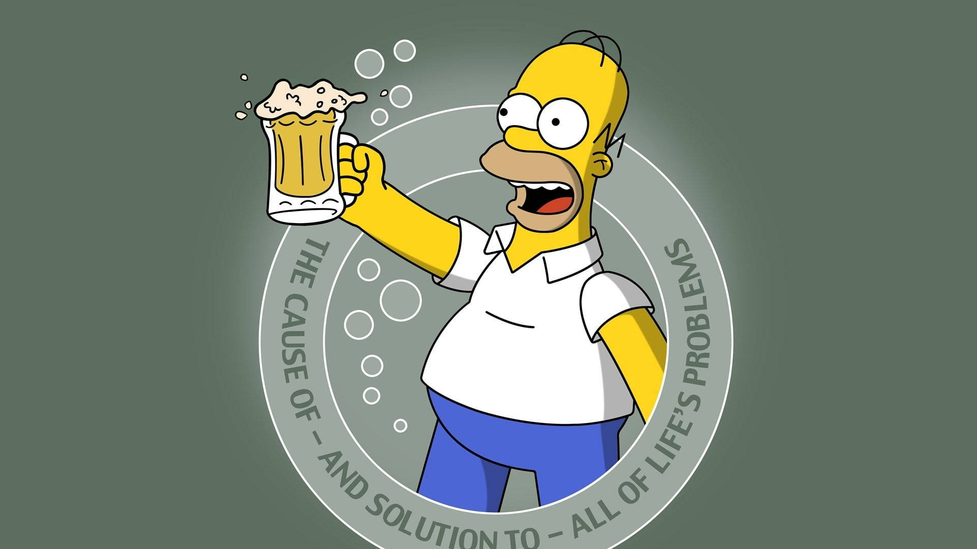 homer 桌布 壁紙 — 荷馬·辛普森在圓形標誌內舉起泡沫啤酒杯，背景為柔和的綠色。
