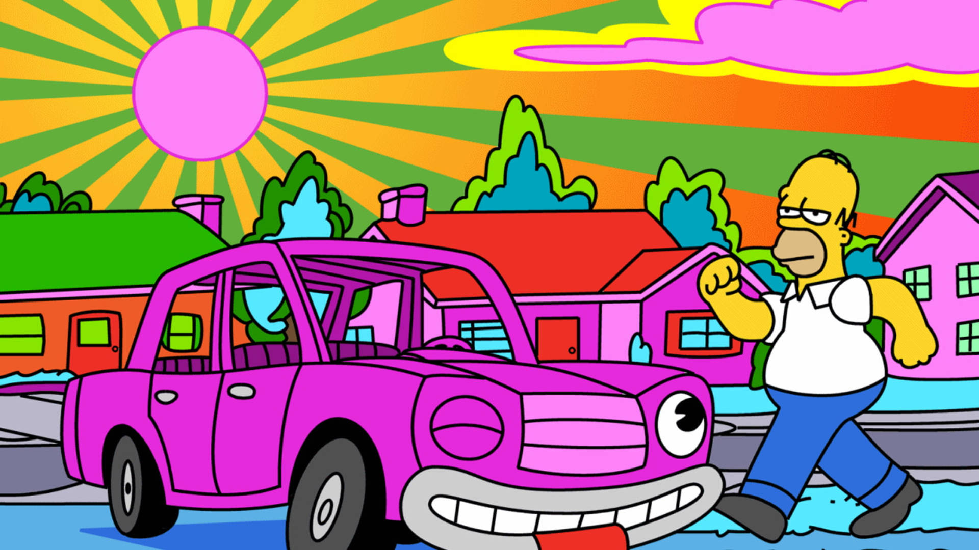 homer 桌布 壁紙 — 荷馬·辛普森在彩虹雲朵和迷幻陽光的天空下，在一輛微笑的粉紅色汽車旁邊奔跑。
