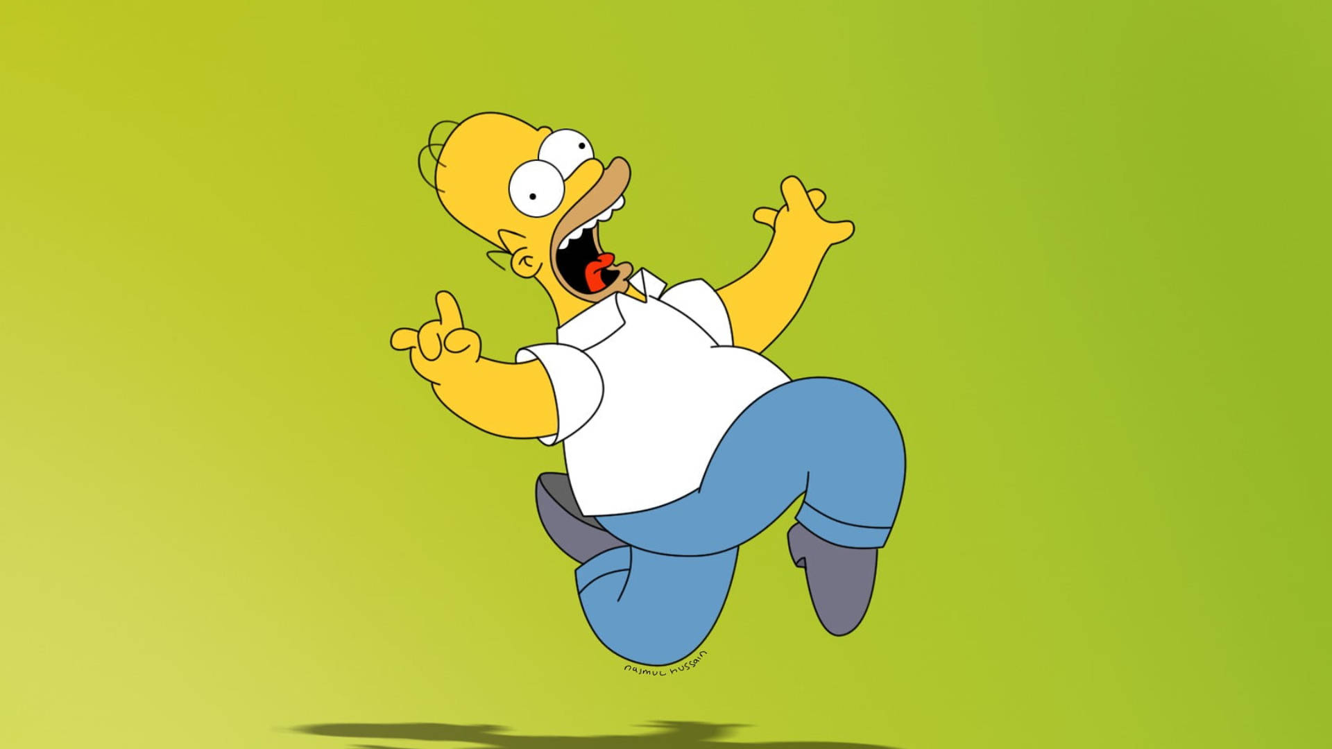 homer 桌布 壁紙 — 荷馬·辛普森在純青檸綠色背景前快樂地跳躍，雙臂張開，嘴巴大張。
