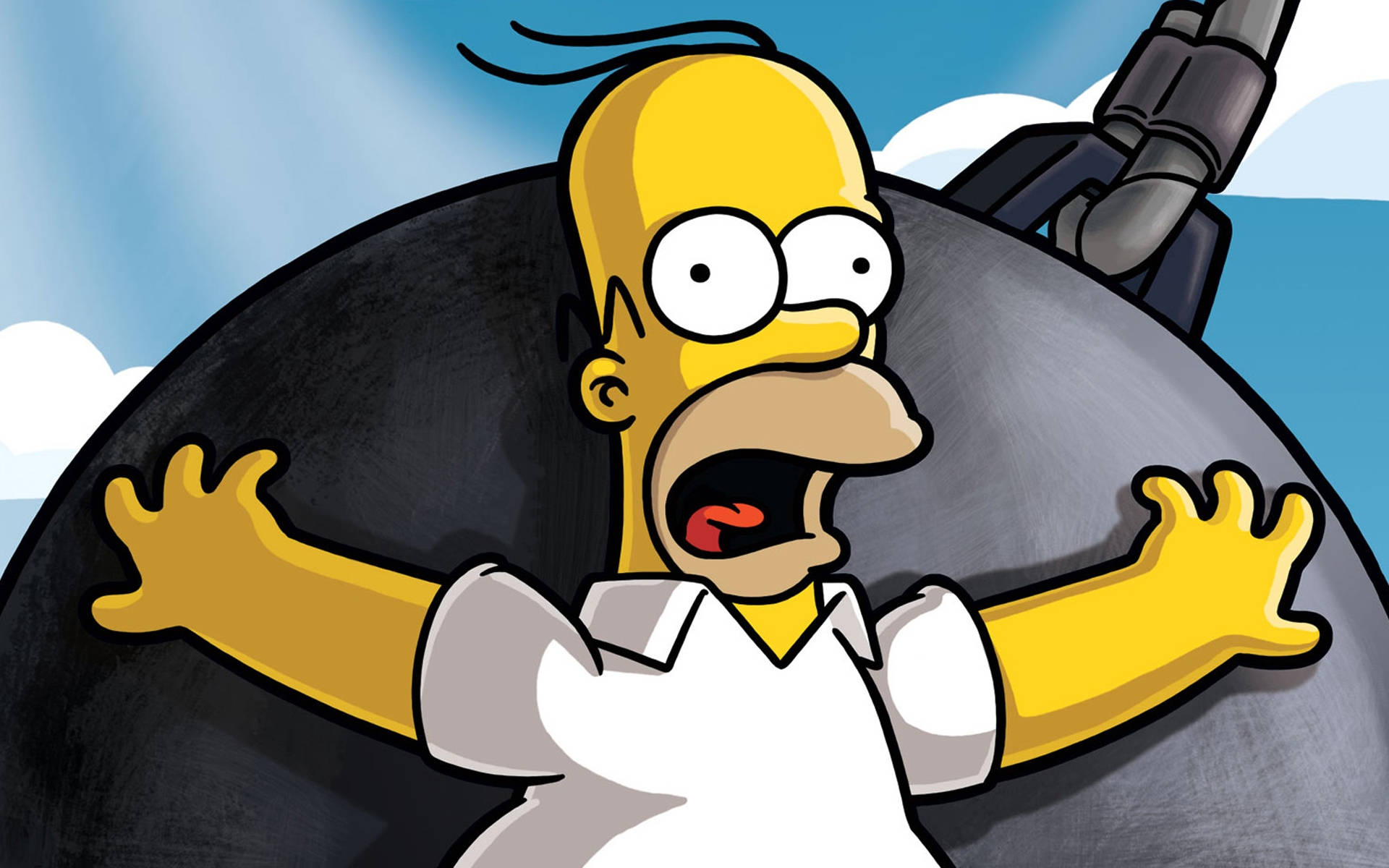 Homer Simpson 桌布 壁紙 — 荷馬·辛普森在藍天白雲下被巨型炸彈壓住，恐懼地尖叫。