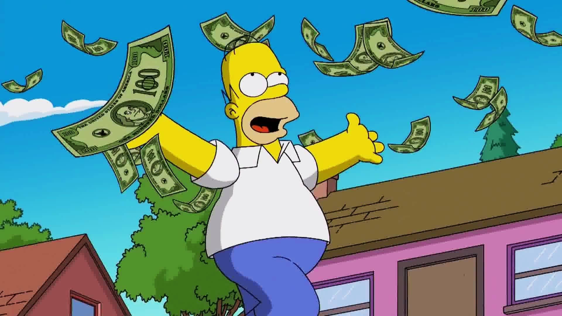 Homer Simpson Funny 桌布 壁紙 — 荷馬·辛普森在郊區背景下，於飄落的百元鈔票中歡快地跳躍。