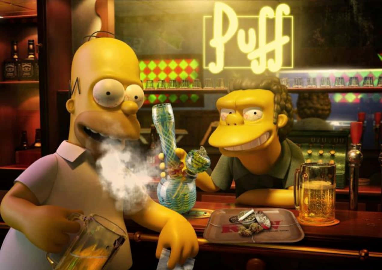 Weed Funny 桌布 壁紙 — 荷馬·辛普森在霓虹燈酒吧吸煙斗，朋友在他旁邊大笑。