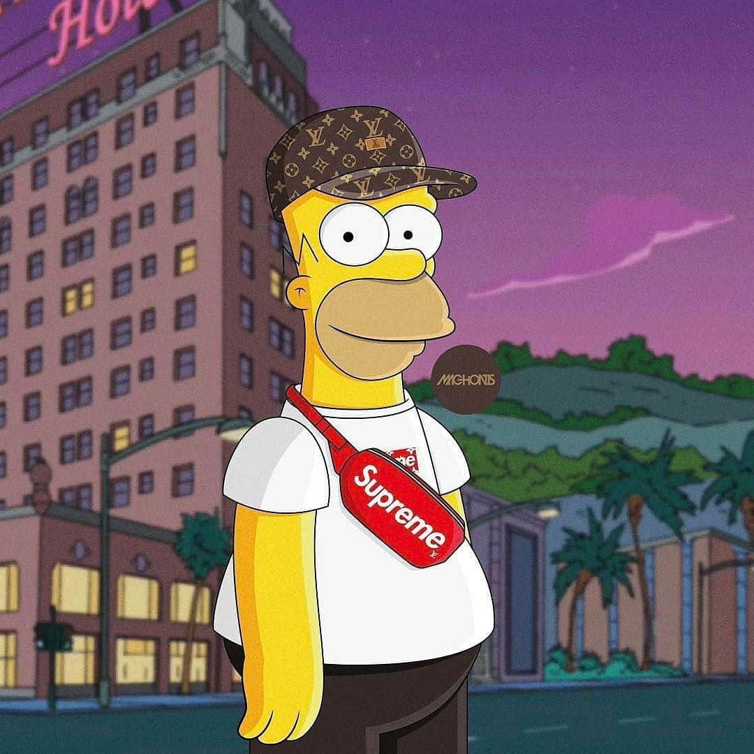 supreme 桌布 壁紙 — 荷馬·辛普森在黃昏的城市景觀中站立，戴著Louis Vuitton帽子和Supreme袋。