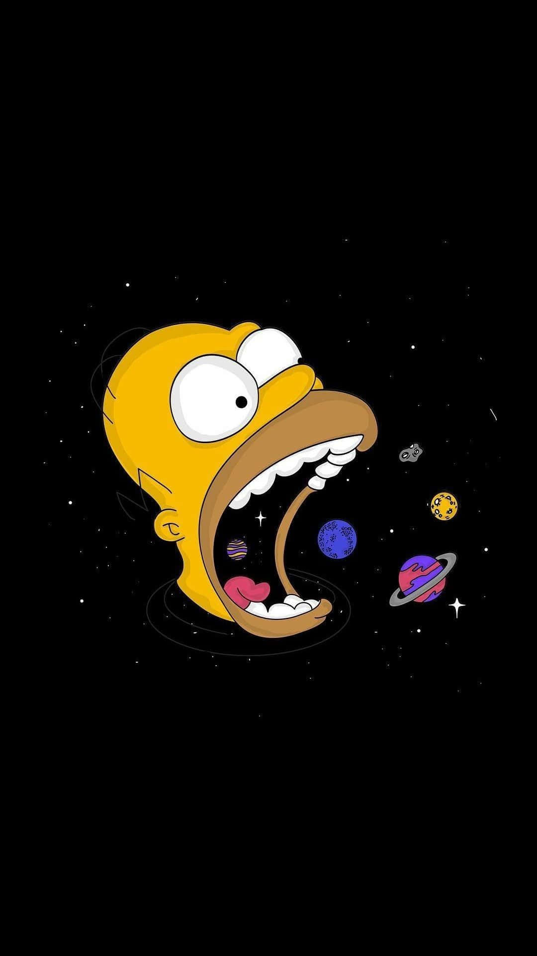 Simpsons Aesthetic 桌布 壁紙 — 荷馬·辛普森張開的大口吞下色彩繽紛的行星，背景是星光閃爍的黑色太空。