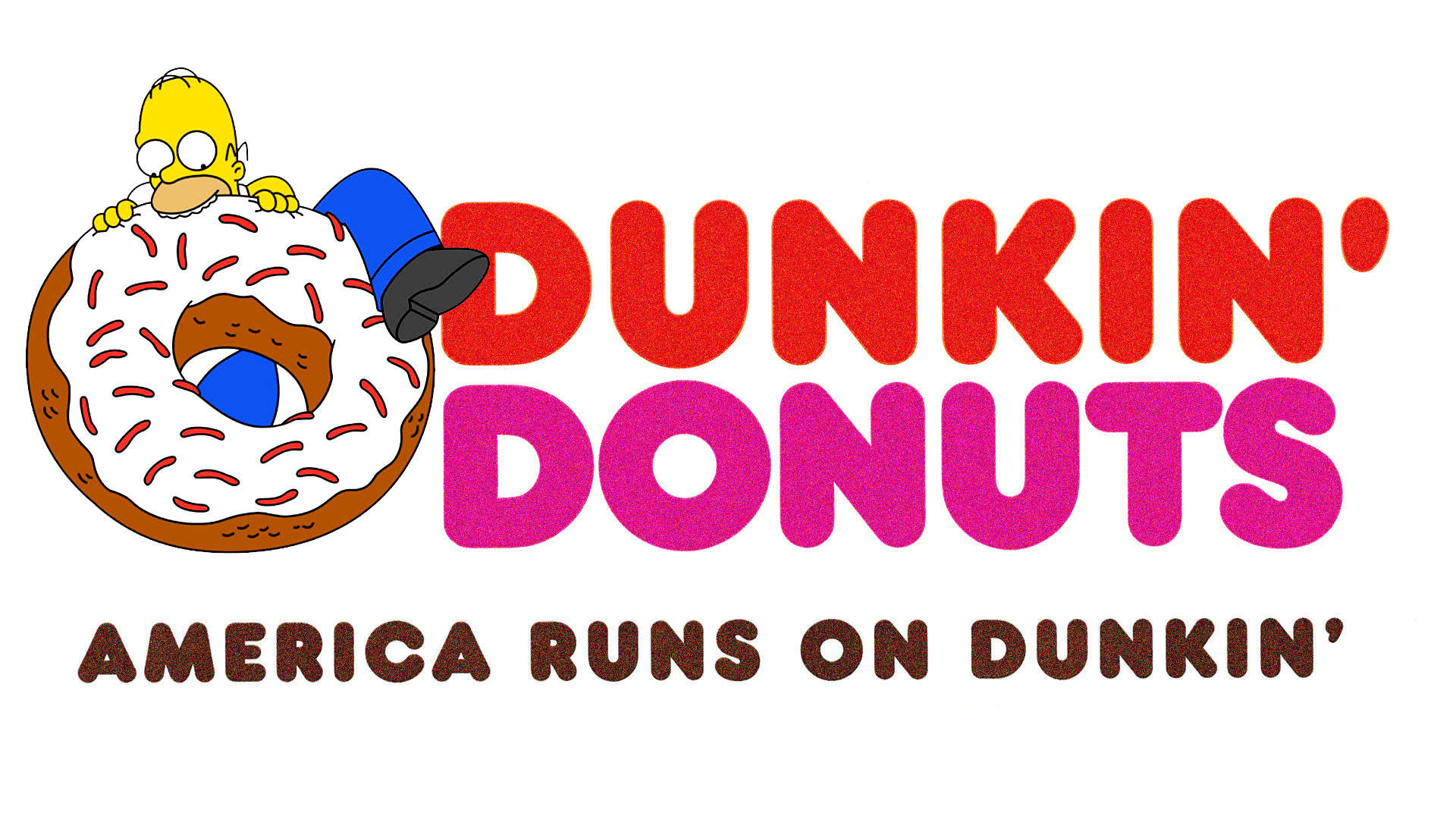 donuts 桌布 壁紙 — 荷馬·辛普森從一個巨大的彩糖甜甜圈後面窺視，旁邊是醒目的紅色和粉紅色Dunkin' Donuts品牌標識。