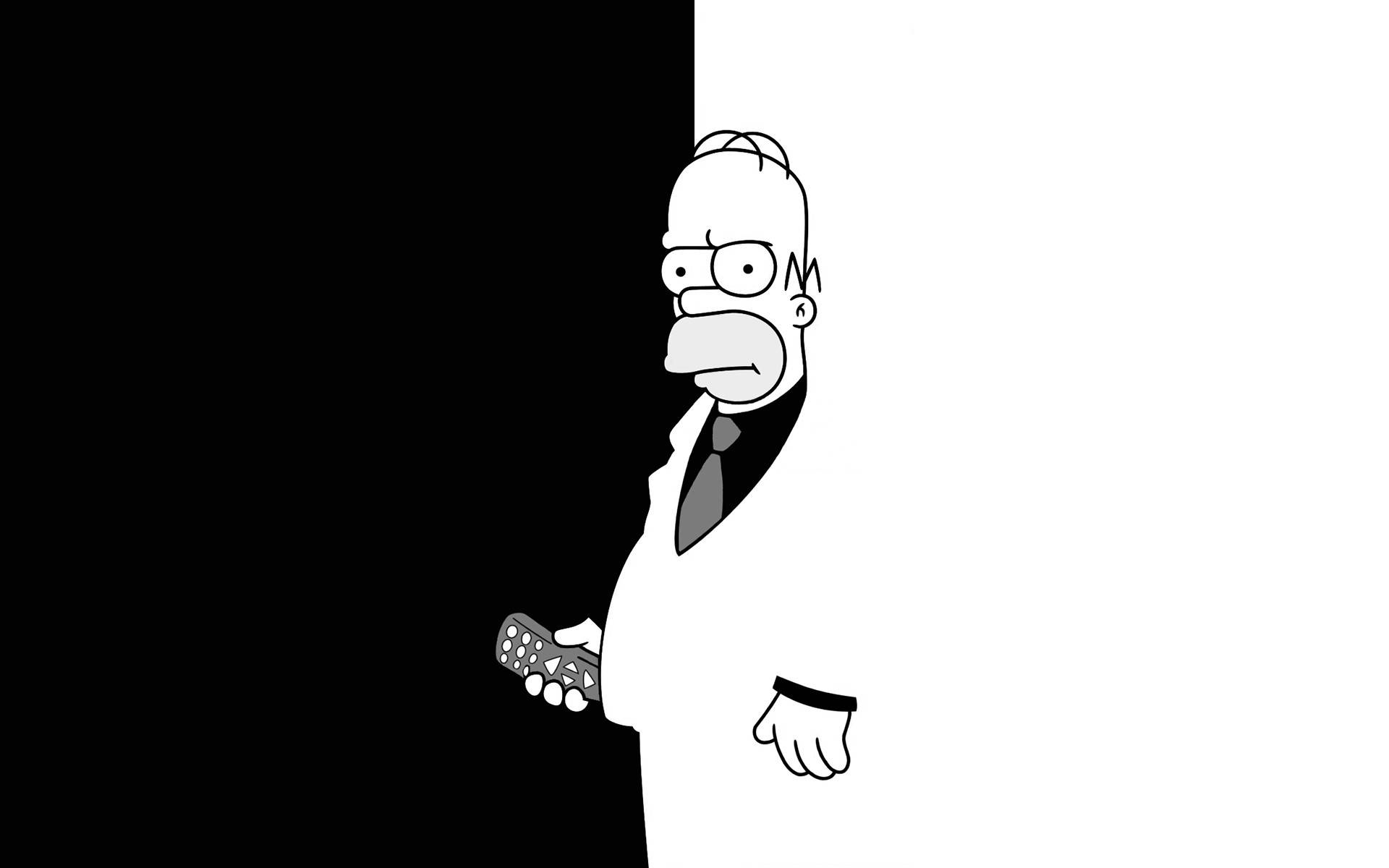 homer 桌布 壁紙 — 荷馬·辛普森從黑色窺視到白色，手持遙控器，表情無聊。