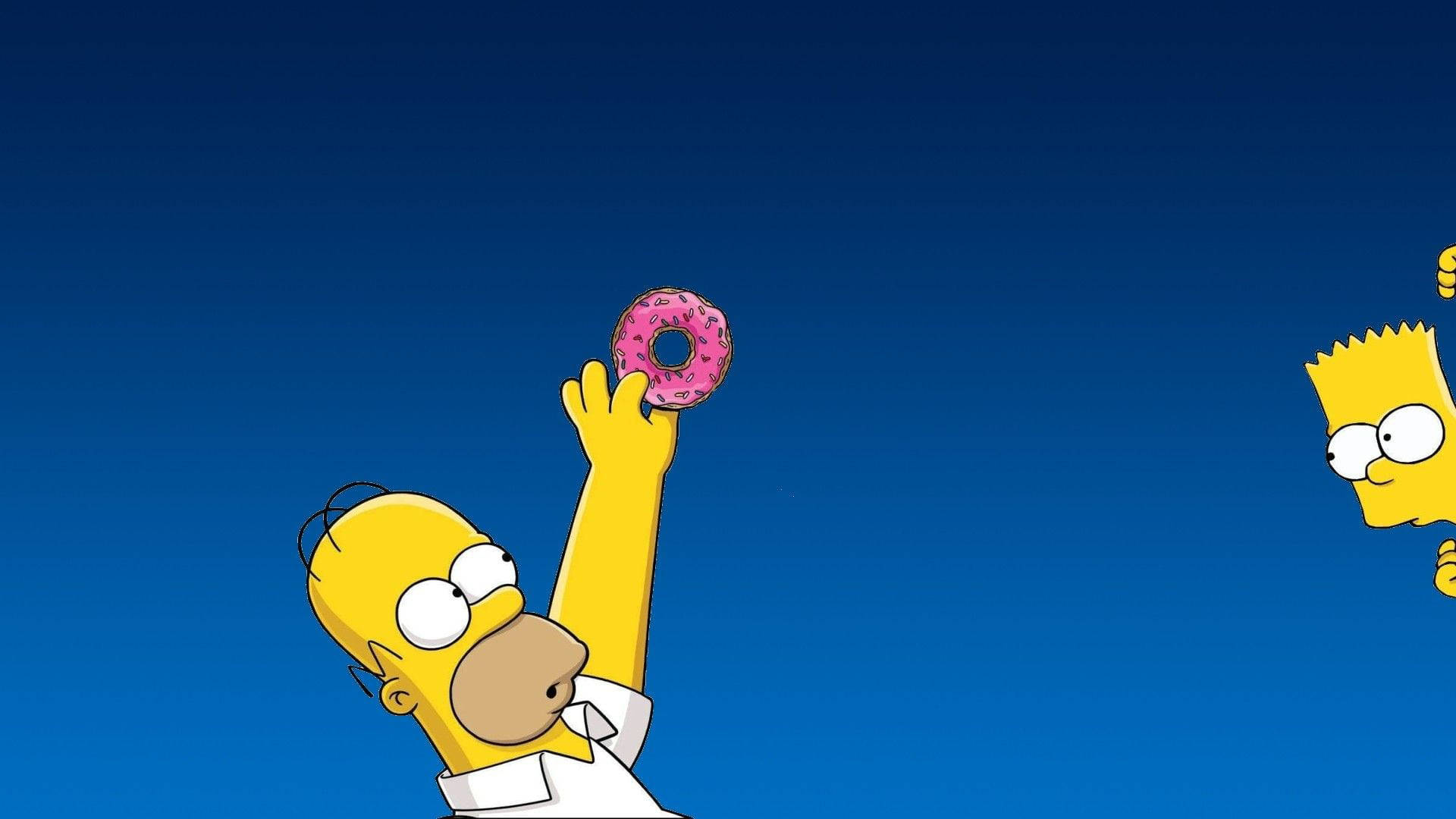 homer donut 桌布 壁紙 — 荷馬·辛普森快樂地伸手去拿一個粉紅色糖霜甜甜圈，背景是純藍色，巴特從旁邊觀看。