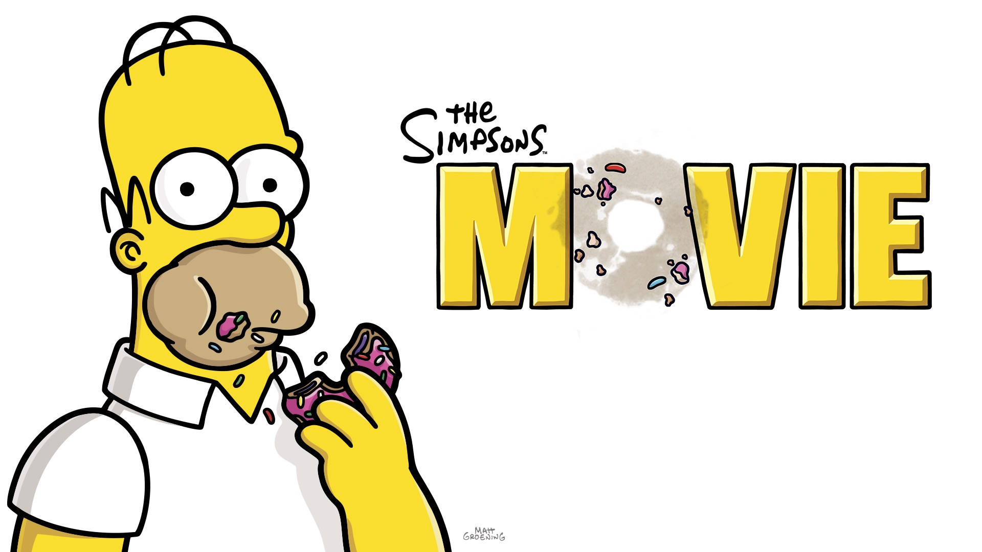 Donut 桌布 壁紙 — 荷馬·辛普森愉快地吃著一個有粉紅色糖霜的甜甜圈，電影標題出現在他身後。